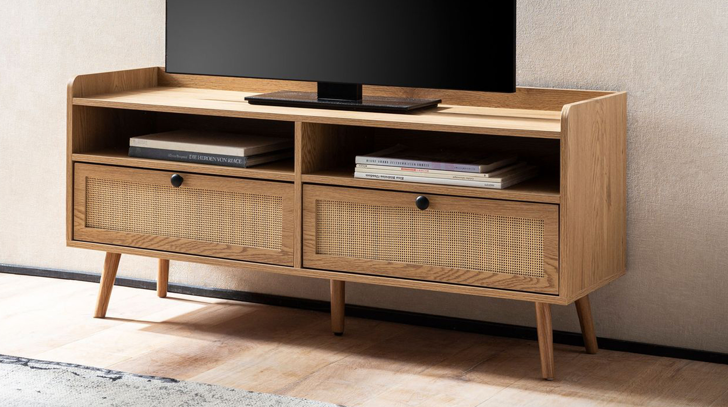 TV - Lowboard Eiche teilmassiv - Polyrattan 120 cm - RATVAN