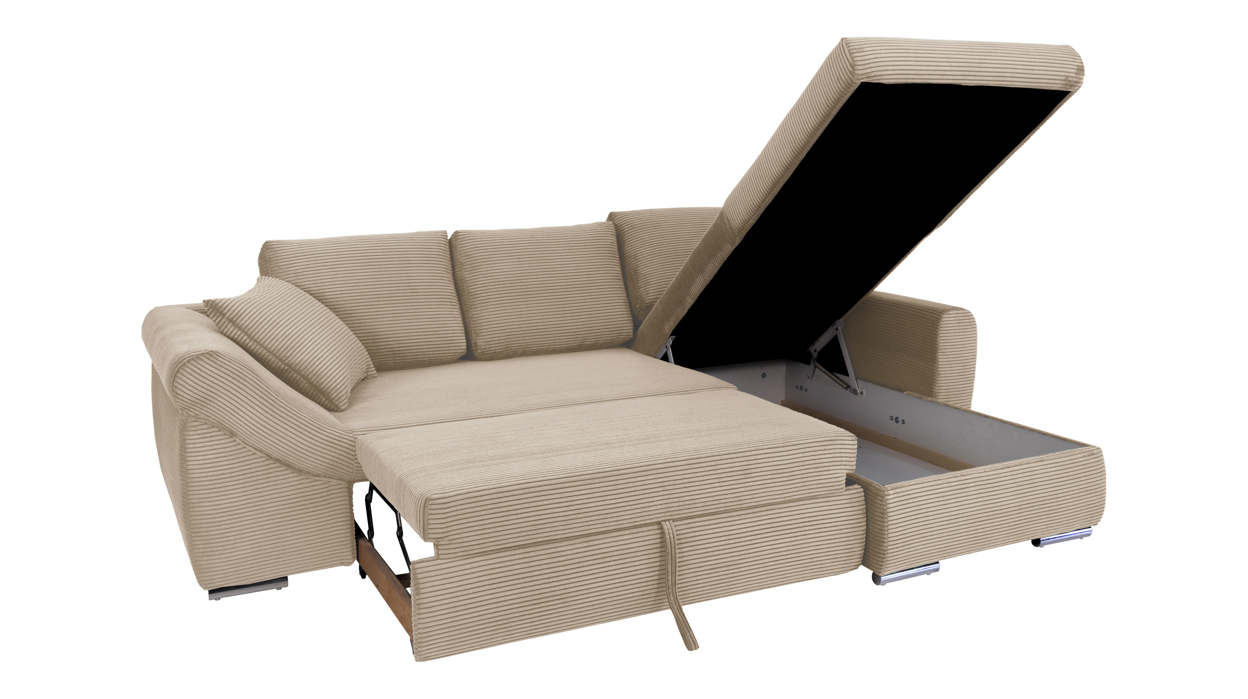 Ecksofa Schlaffunktion Bettkasten creme Cord 261 cm - RAMONA