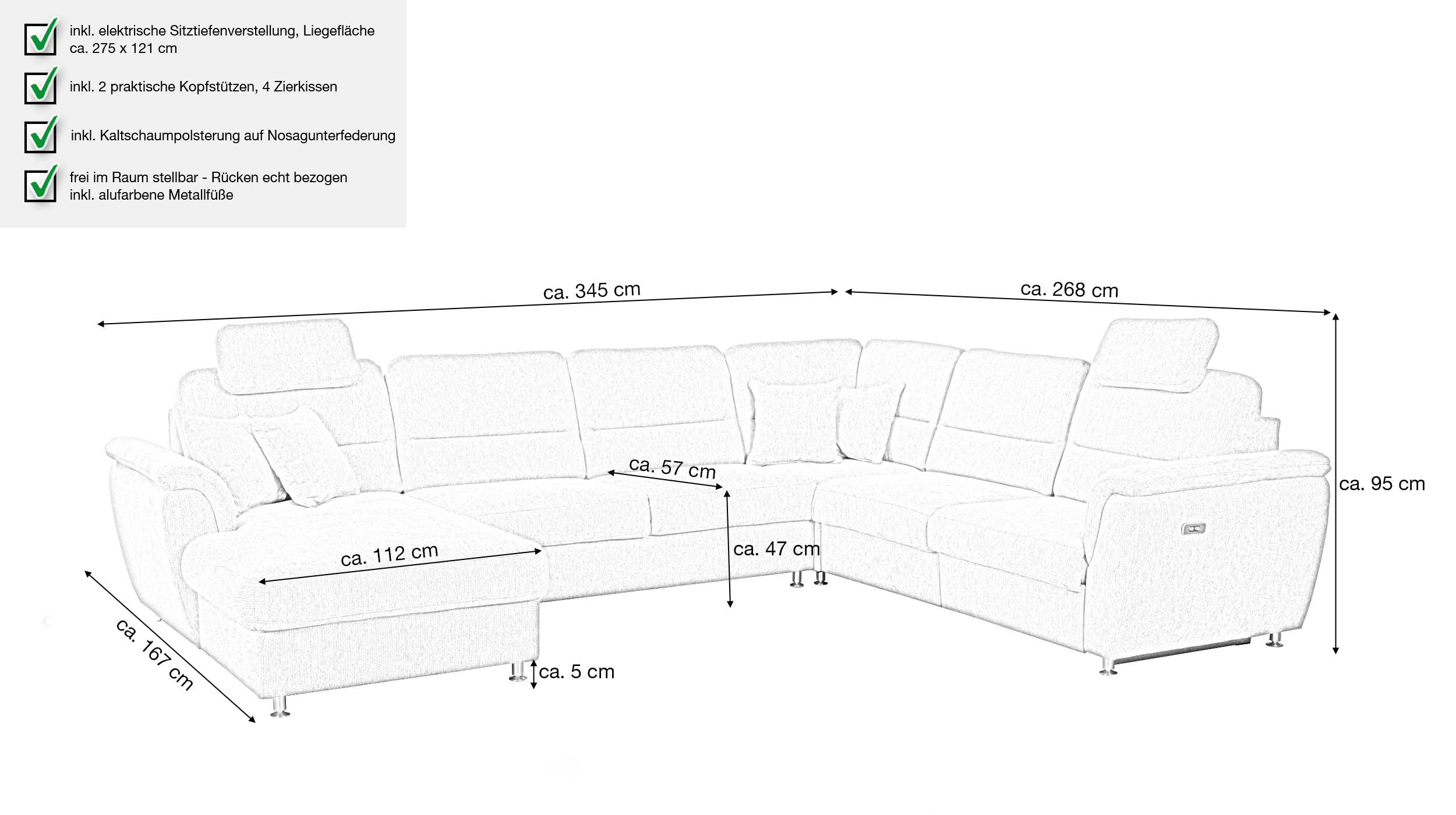 Wohnlandschaft grau ausziehbar Sitztiefenverstellung 345 cm - DEVA