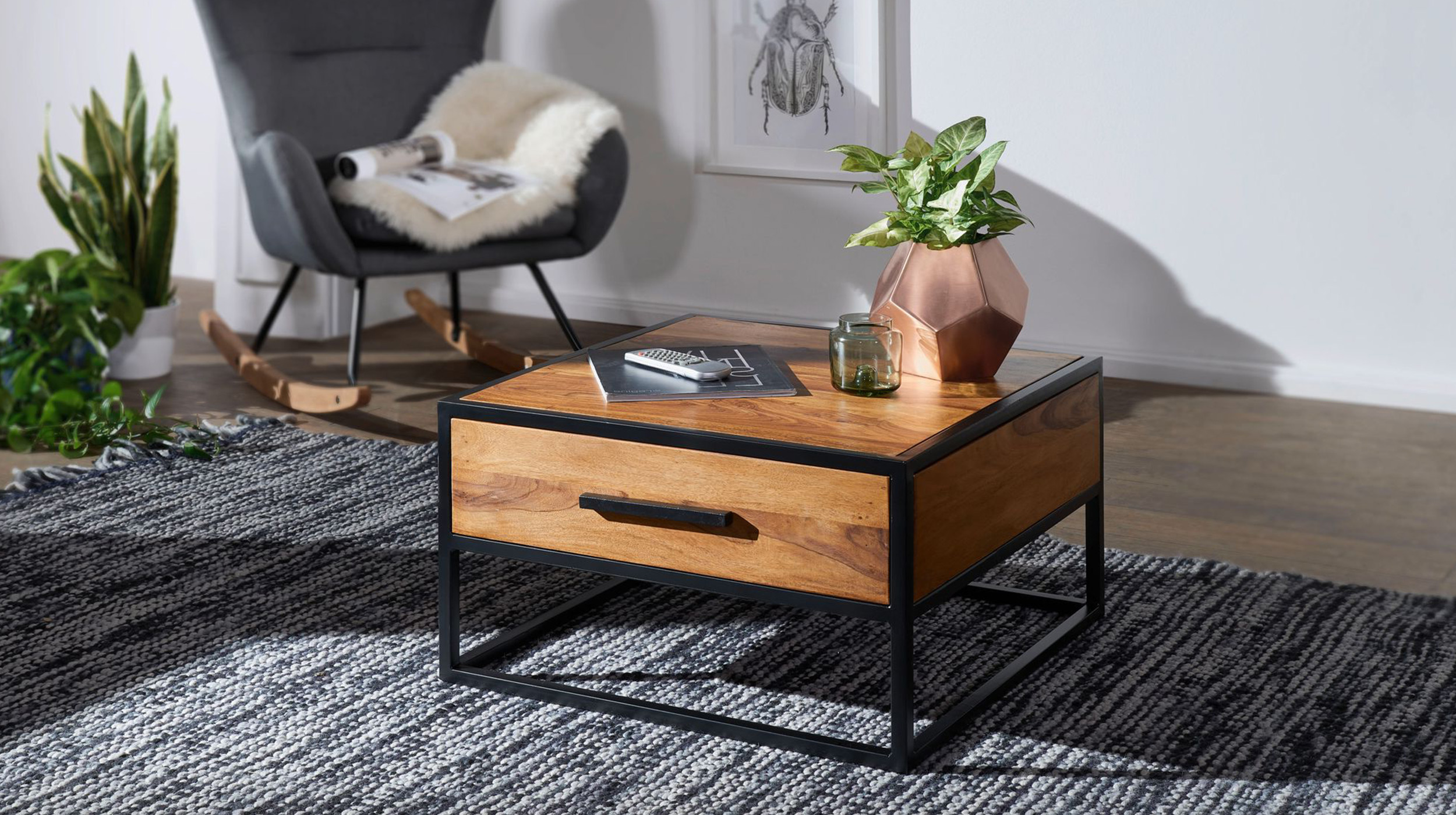 Couchtisch mit Schublade Sheesham massiv gebeizt 65 x 65 cm - SIGNE