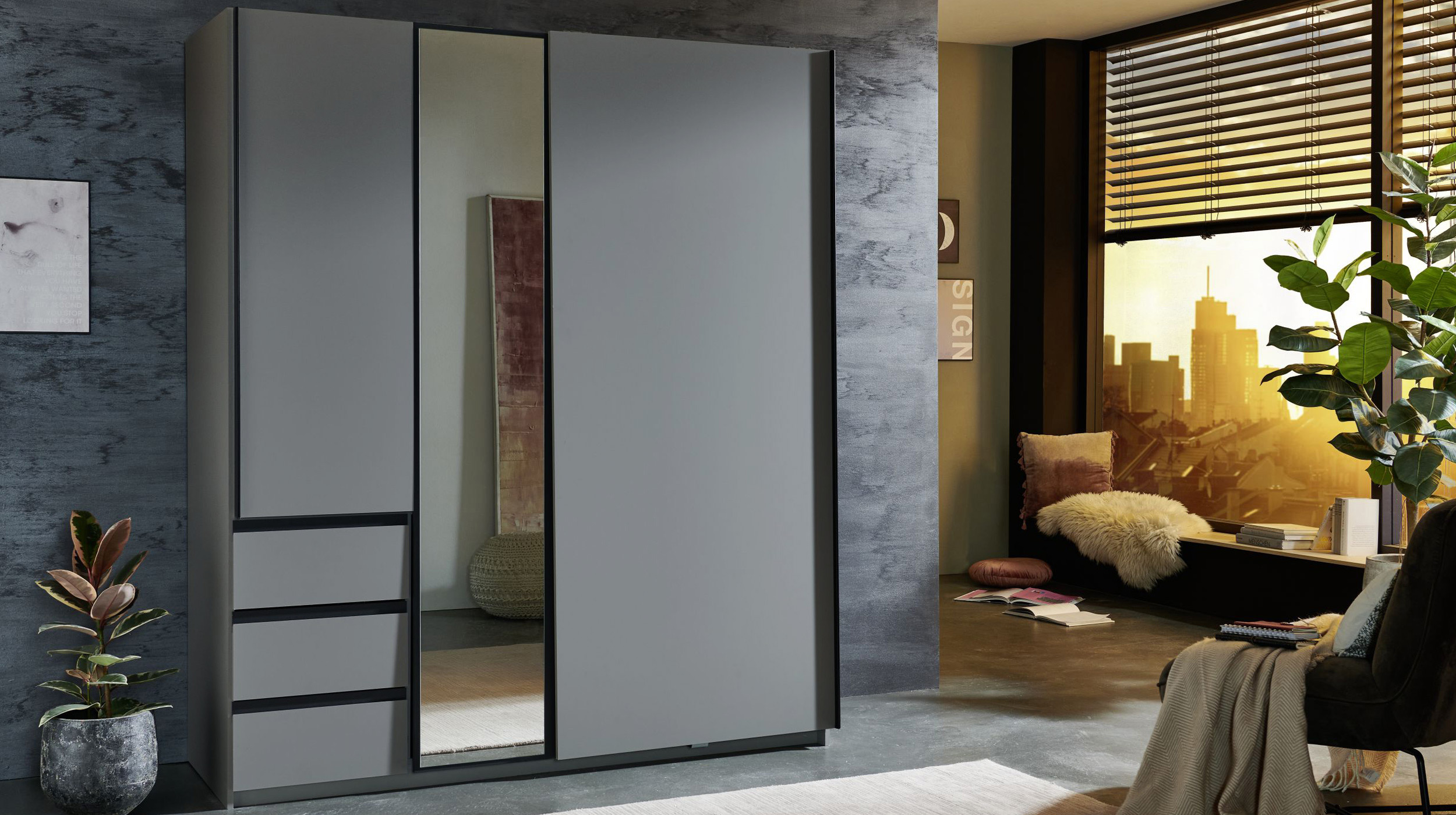 Schwebetürenschrank grau mit Spiegel 168 cm 2-türig - STADE