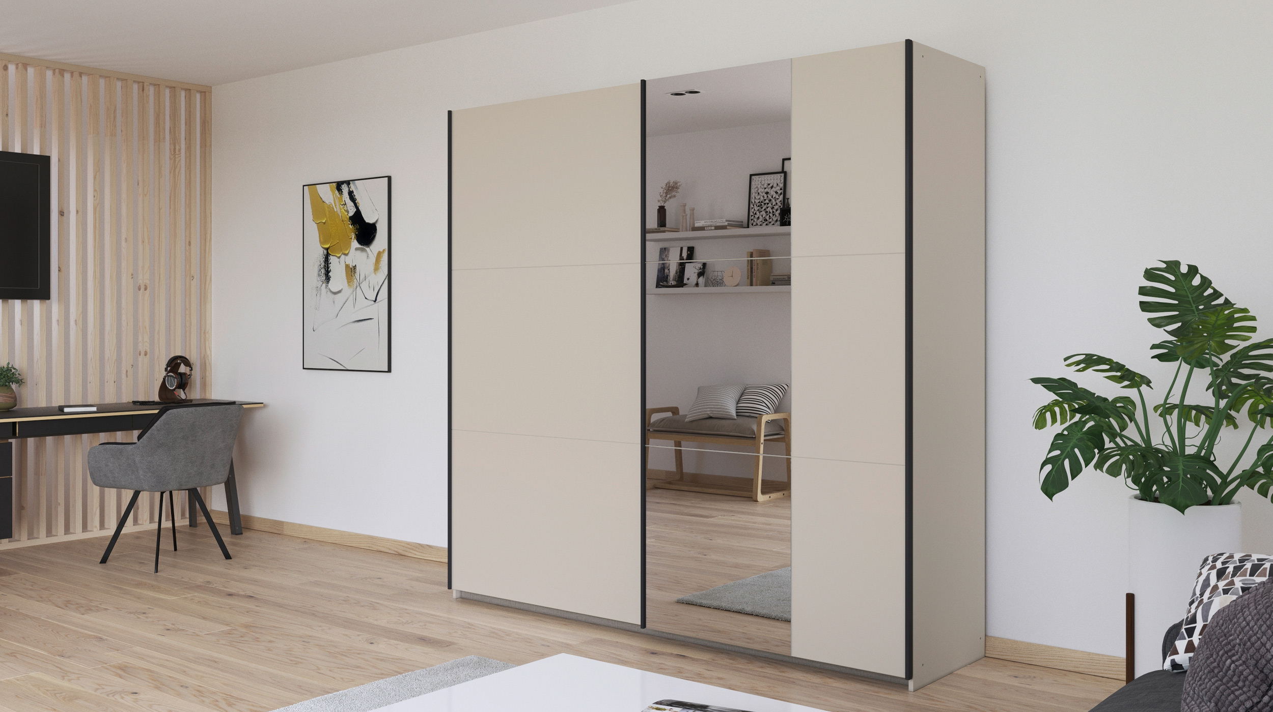 Schwebetürenschrank Spiegel beige 218 cm - rauch - KRONACH