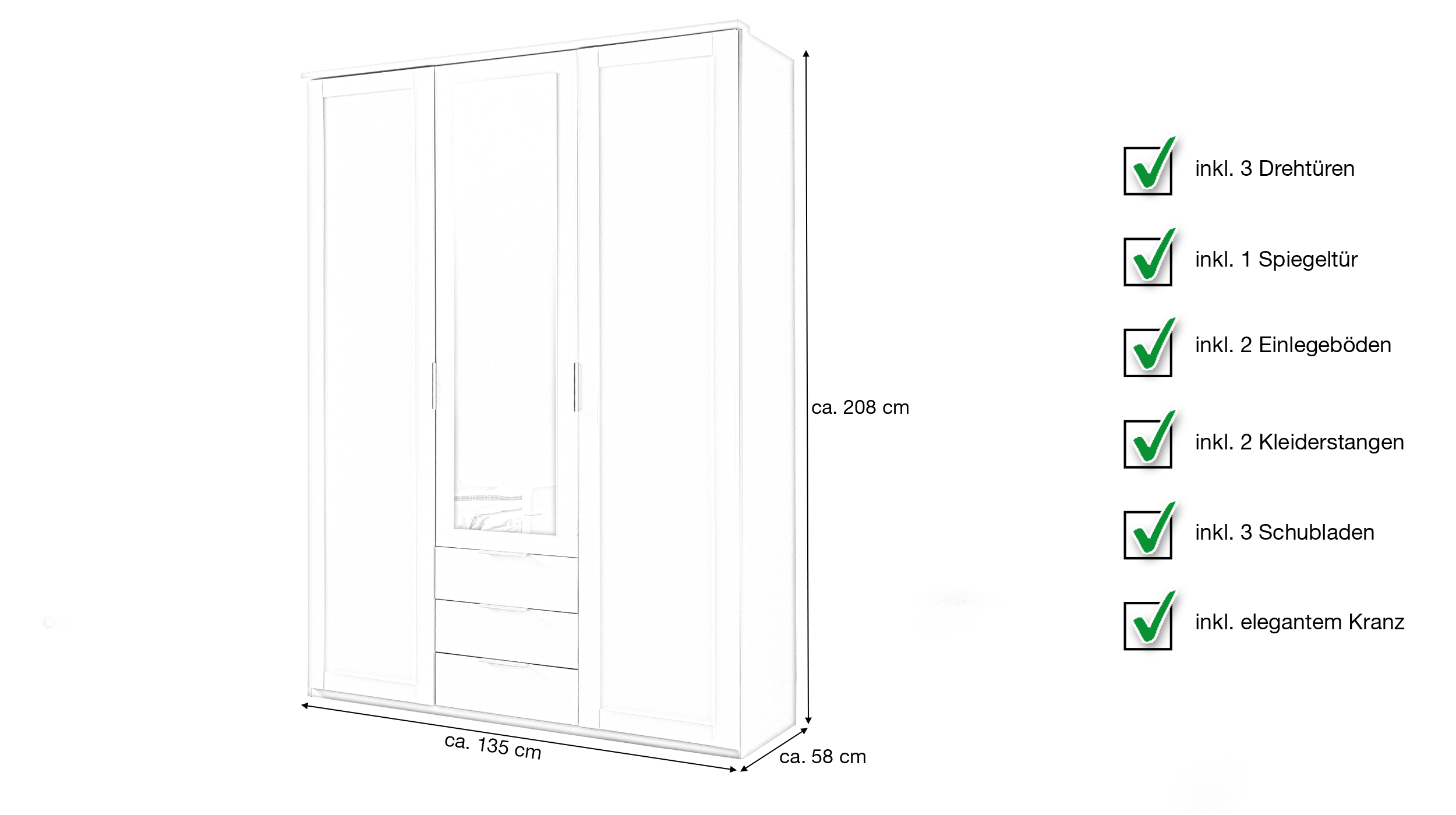Kleiderschrank mit Spiegel weiß 135 cm - 3-türig - NADJA