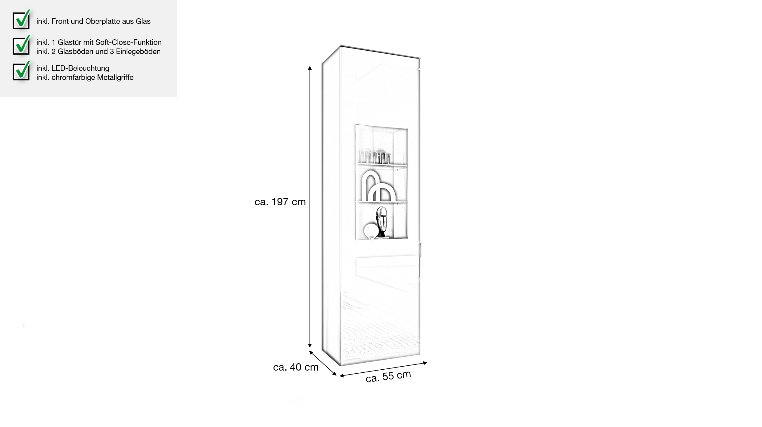 Vitrine mit Beleuchtung anthrazit - Glasfront - Breite 55 cm - SANTORIN