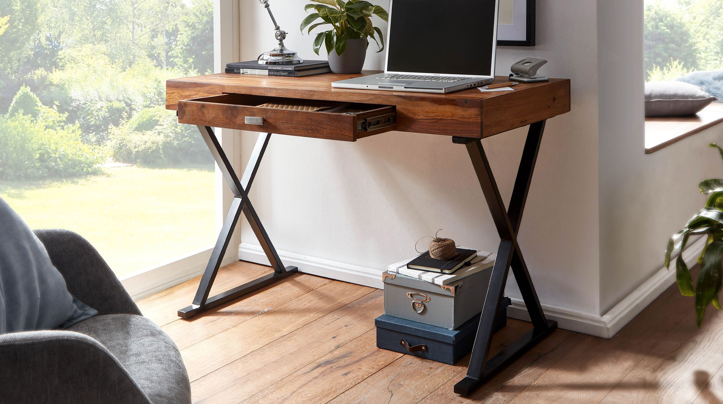 Schreibtisch 120 cm Sheesham massiv - Schublade - SOLVIG