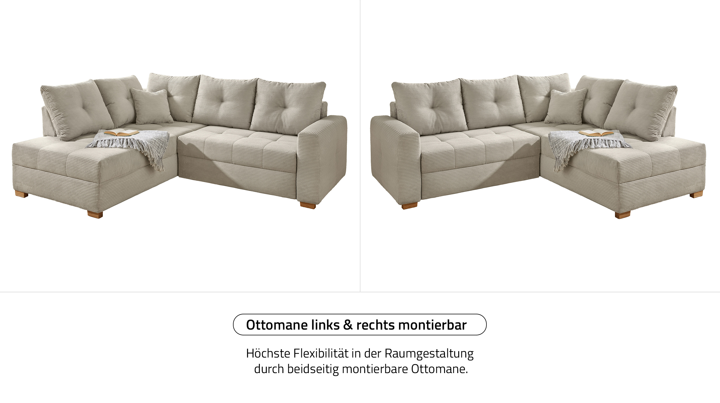 Ecksofa Cord grau-beige 228 cm - Schlaffunktion Bettkasten - HEIDELBERG