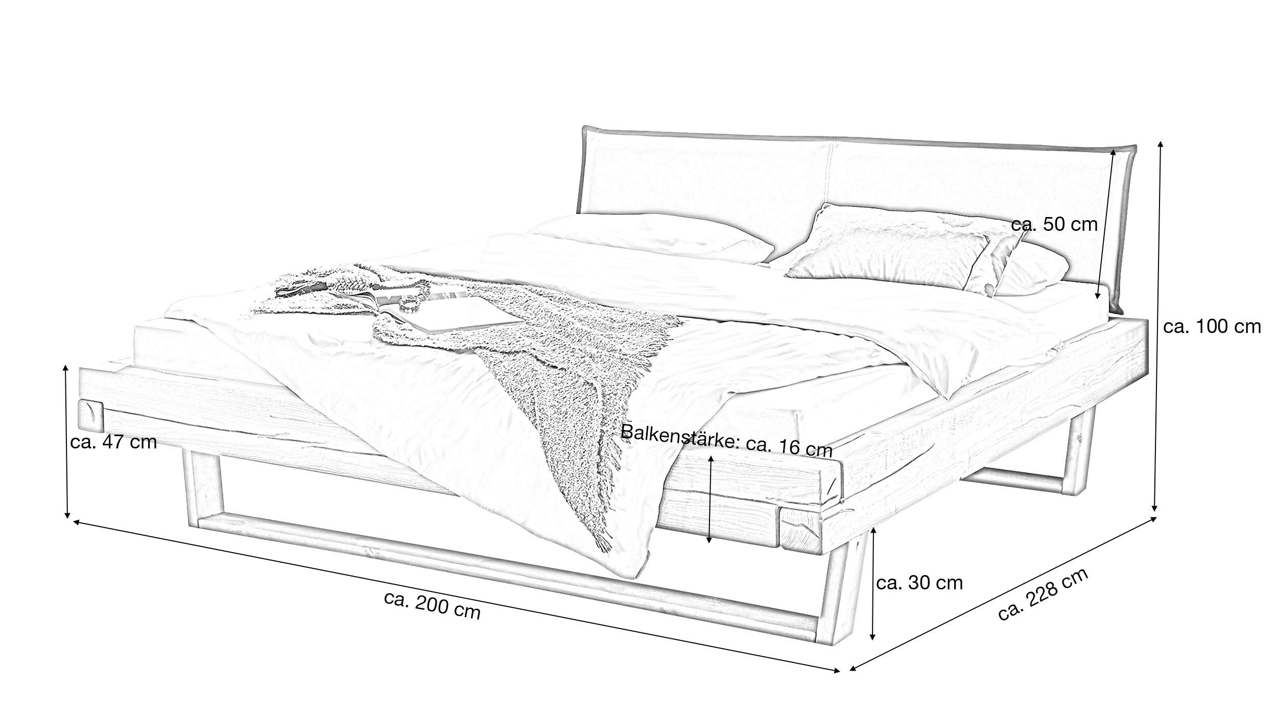 Balkenbett 180 cm Kiefer massiv Polsterkopfteil - U-Gestell - JOREN