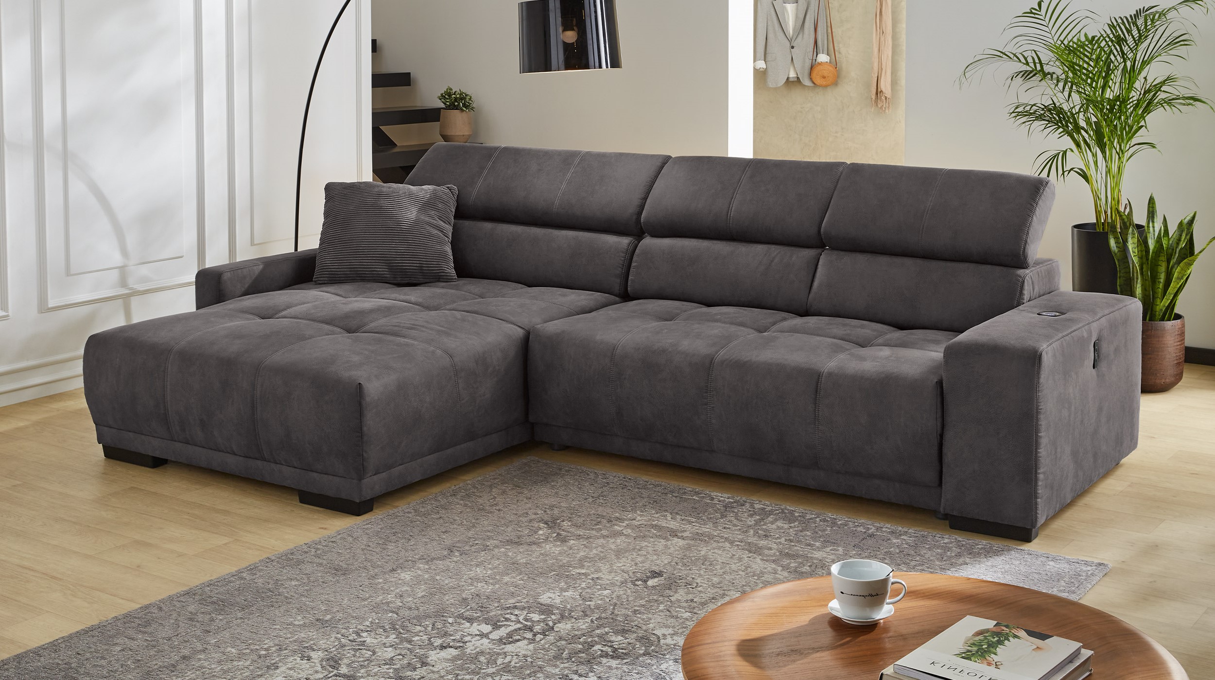 Ecksofa grau elektrisch ausfahrbar 315 cm - LE MANS