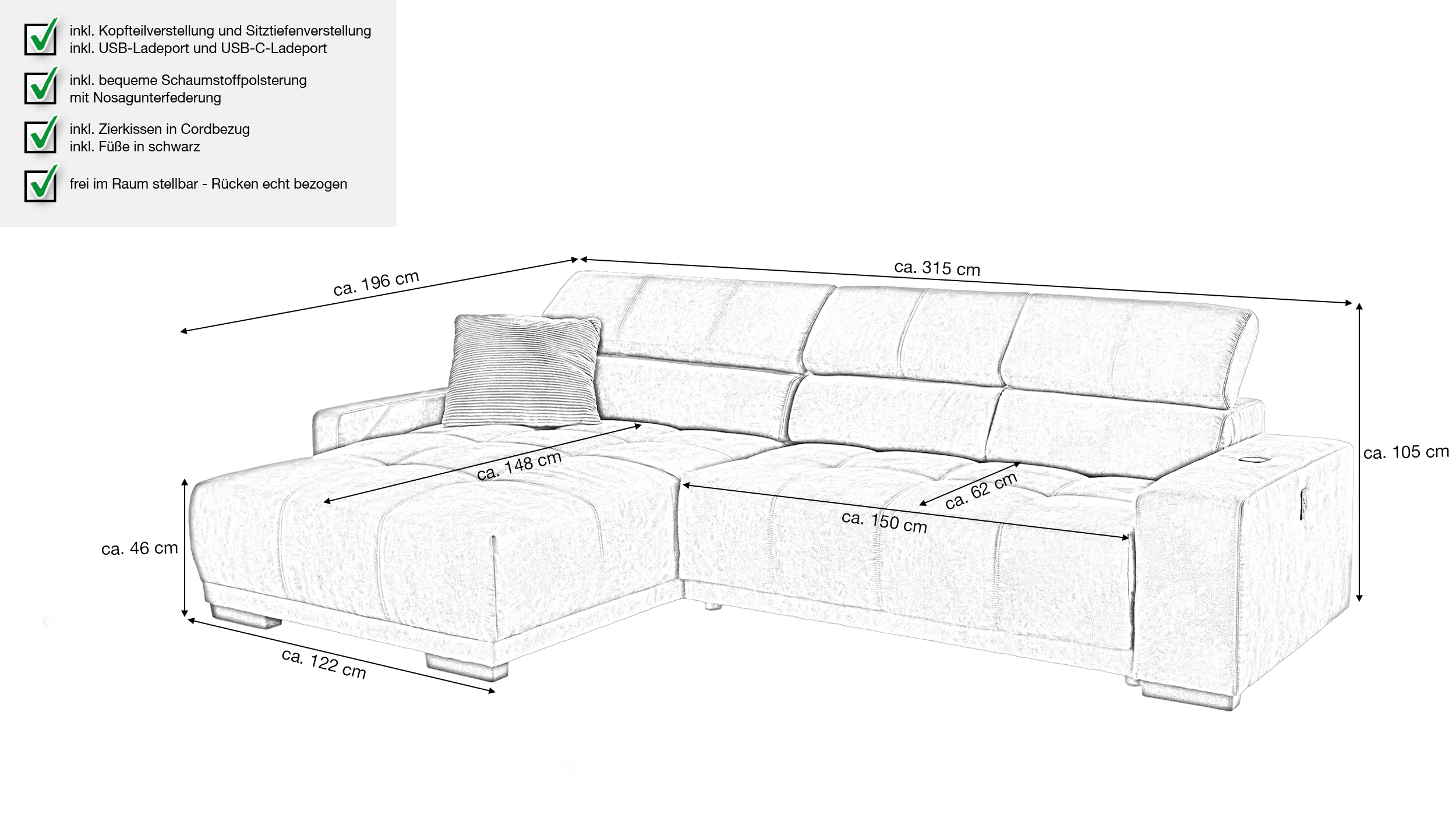 Ecksofa grau elektrisch ausfahrbar 315 cm - LE MANS