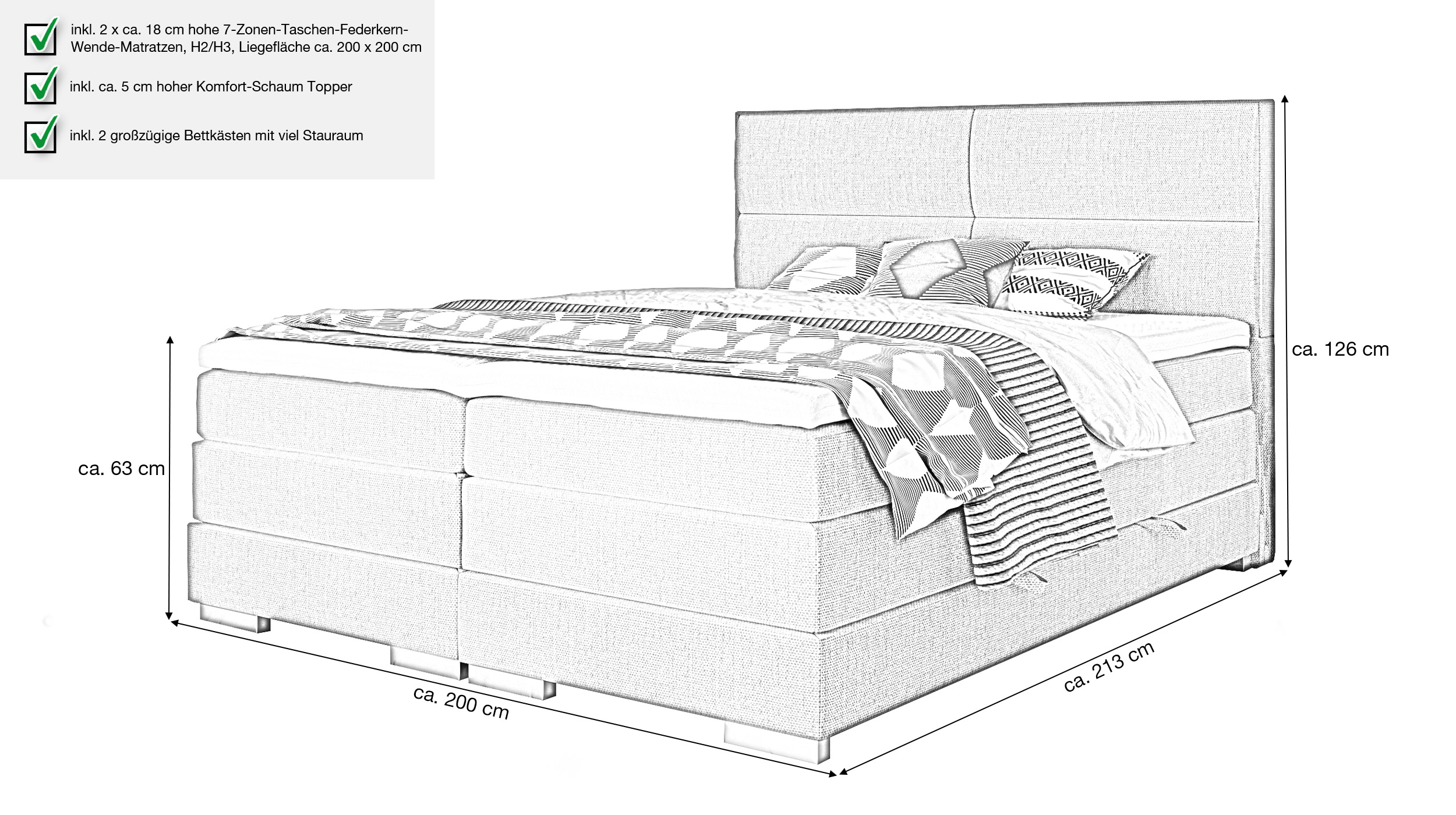 Boxspringbett 200 x 200 cm grau - Bettkasten - MANDEWILLA
