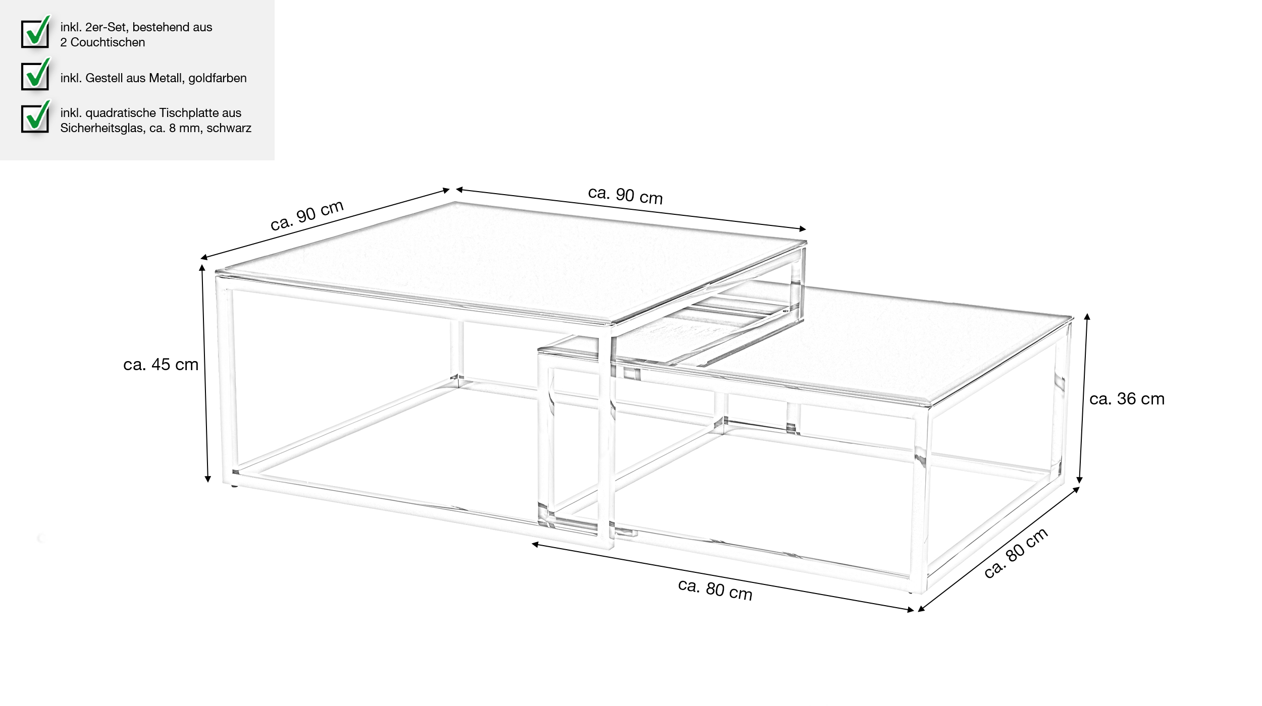 Couchtisch 2er-Set Glas schwarz - 90 x 90 cm - BRANKO