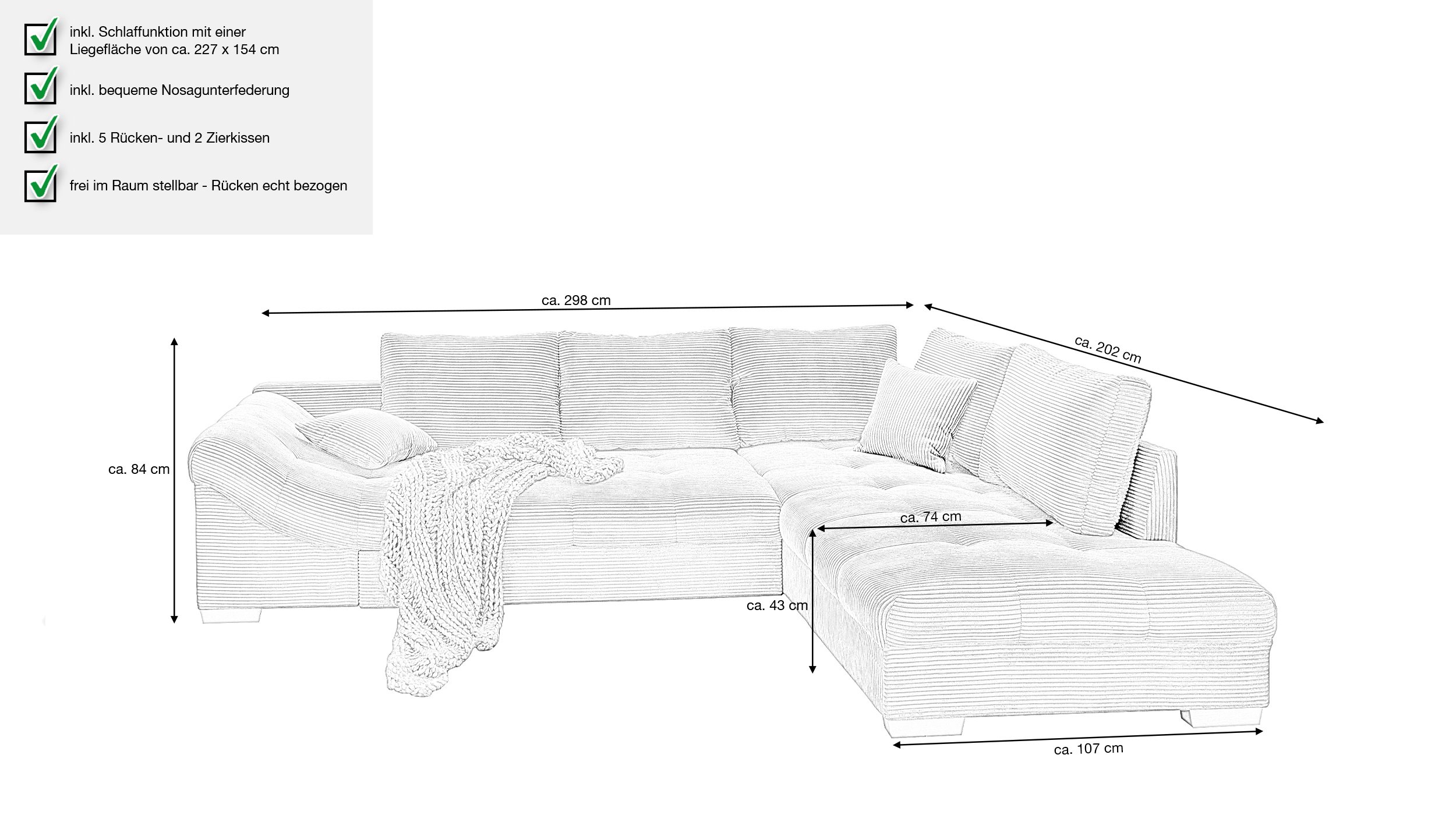 Ecksofa Wohnlandschaft Cordbezug grau 298 x 202 cm - ALVITO