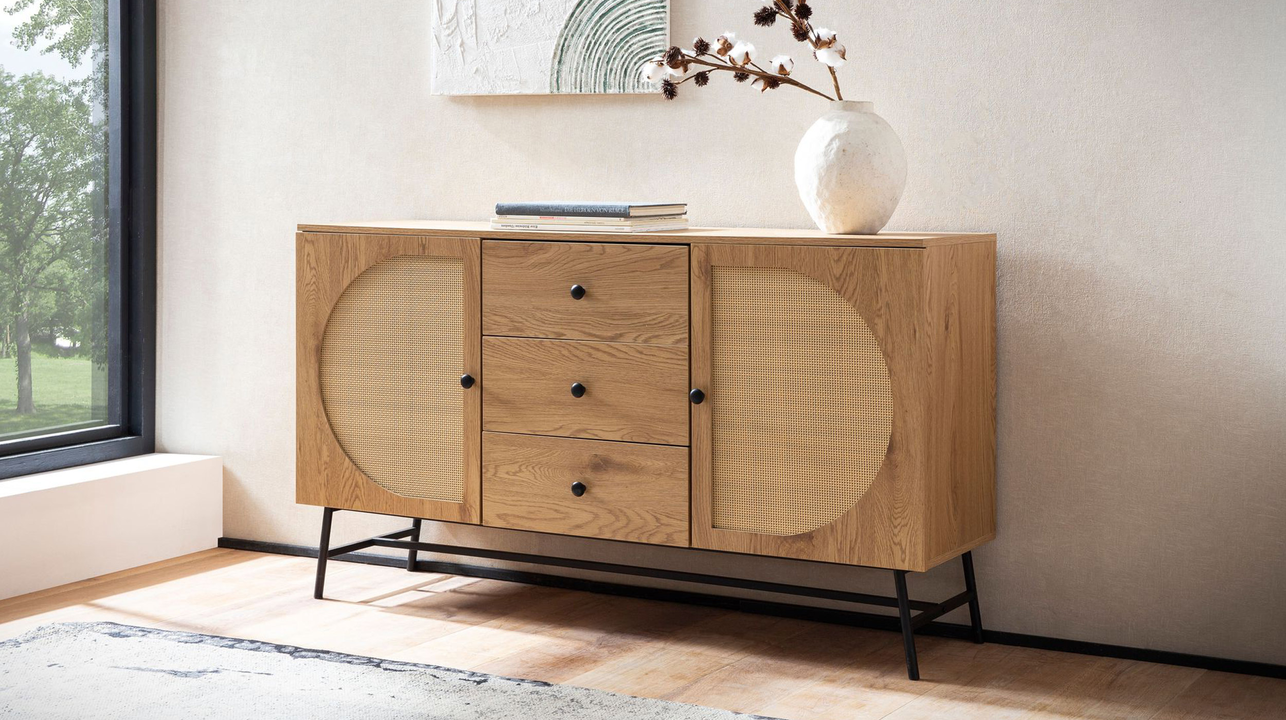 Sideboard mit 3 Schubladen Eiche Holzdekor - Polyrattan 140 cm - RATVAN