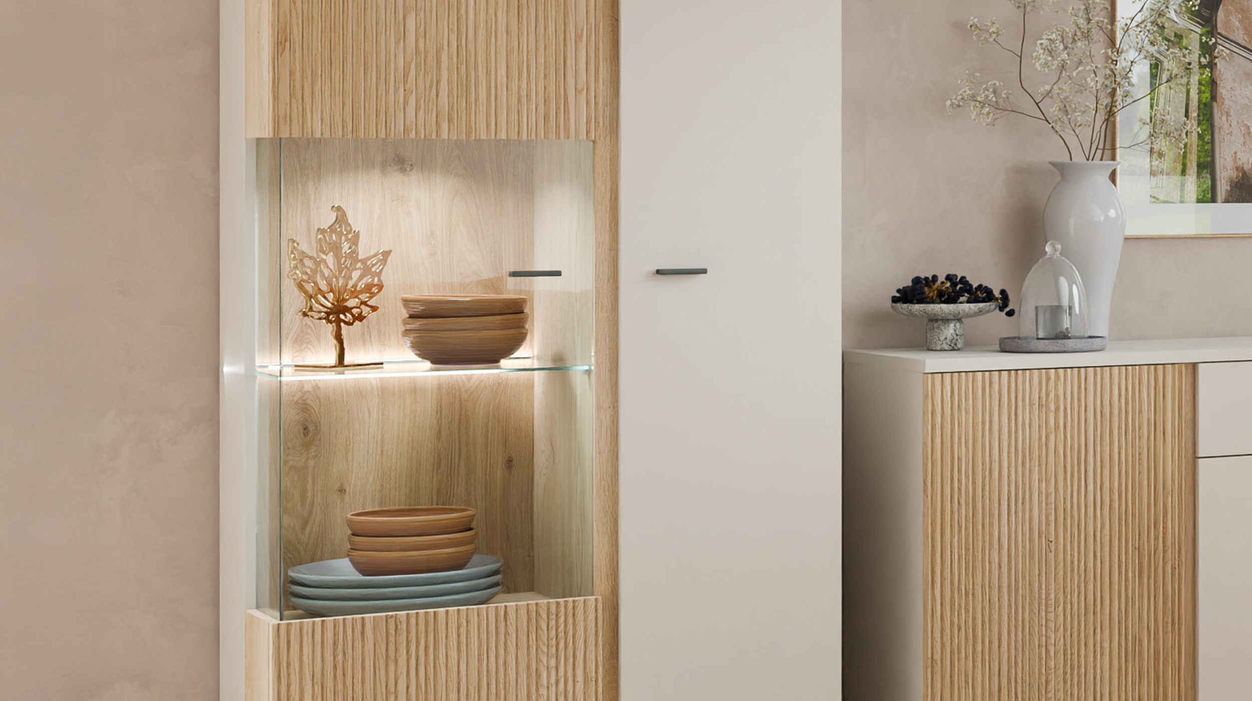 Vitrine mit Glastür beige - Eiche - Breite 87 cm - MOSANO