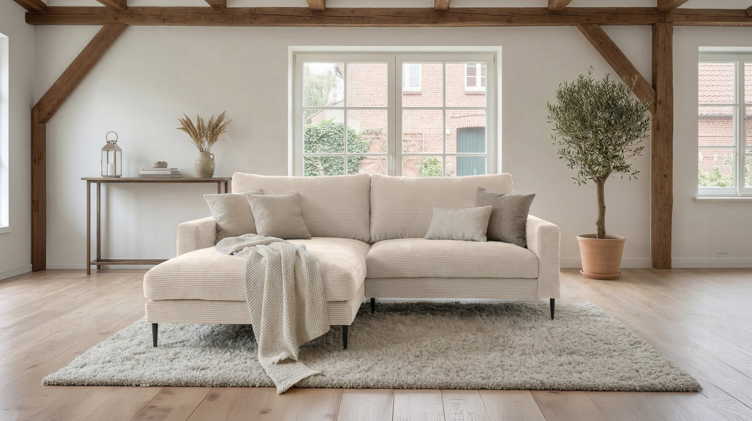 Ecksofa Cord creme 220 x 164 cm - OT links - NORDVIK