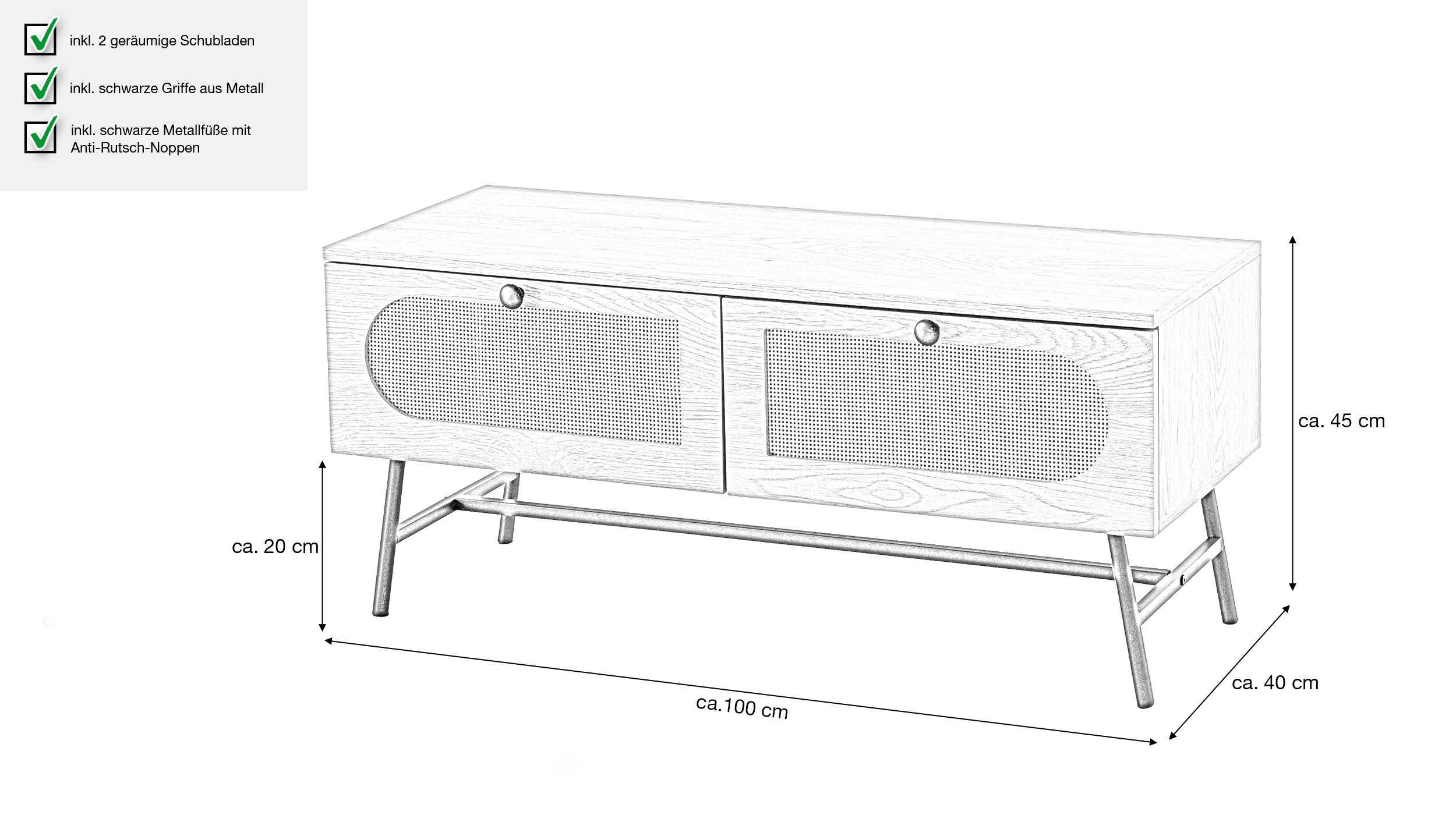 TV - Lowboard Eiche Holzdekor - Polyrattan 100 cm - RATVAN