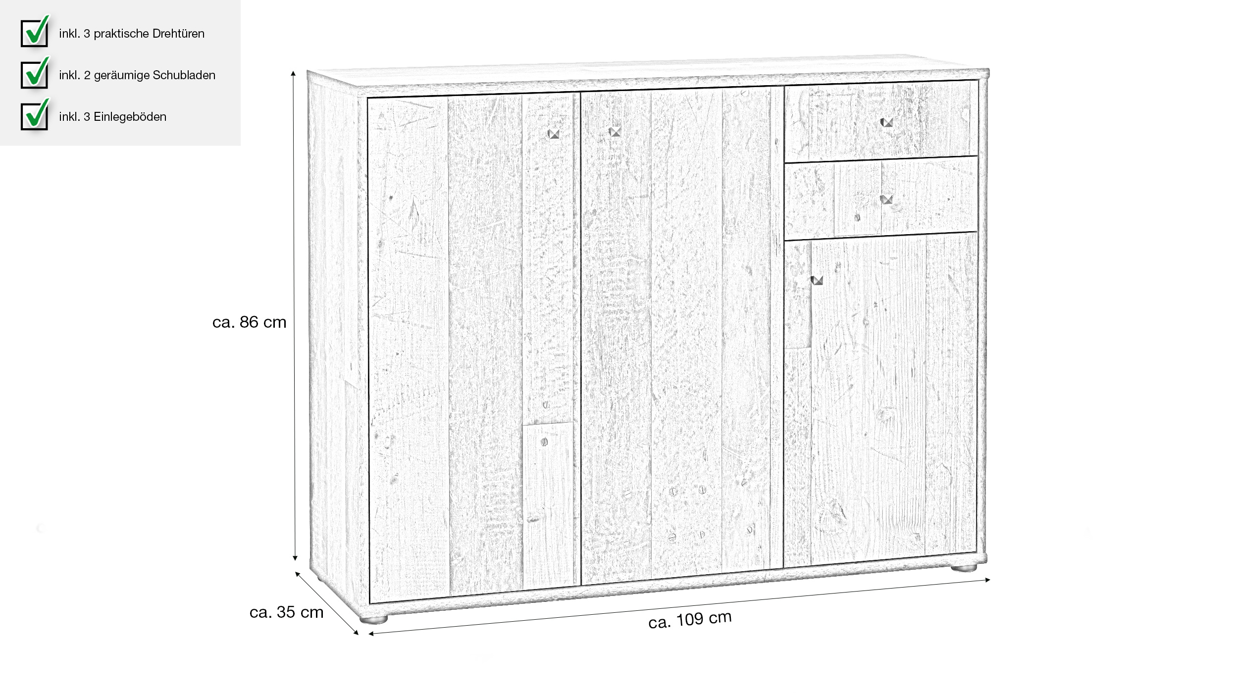 Kommode Old Wood 109 cm 3-türig - TEMPRA
