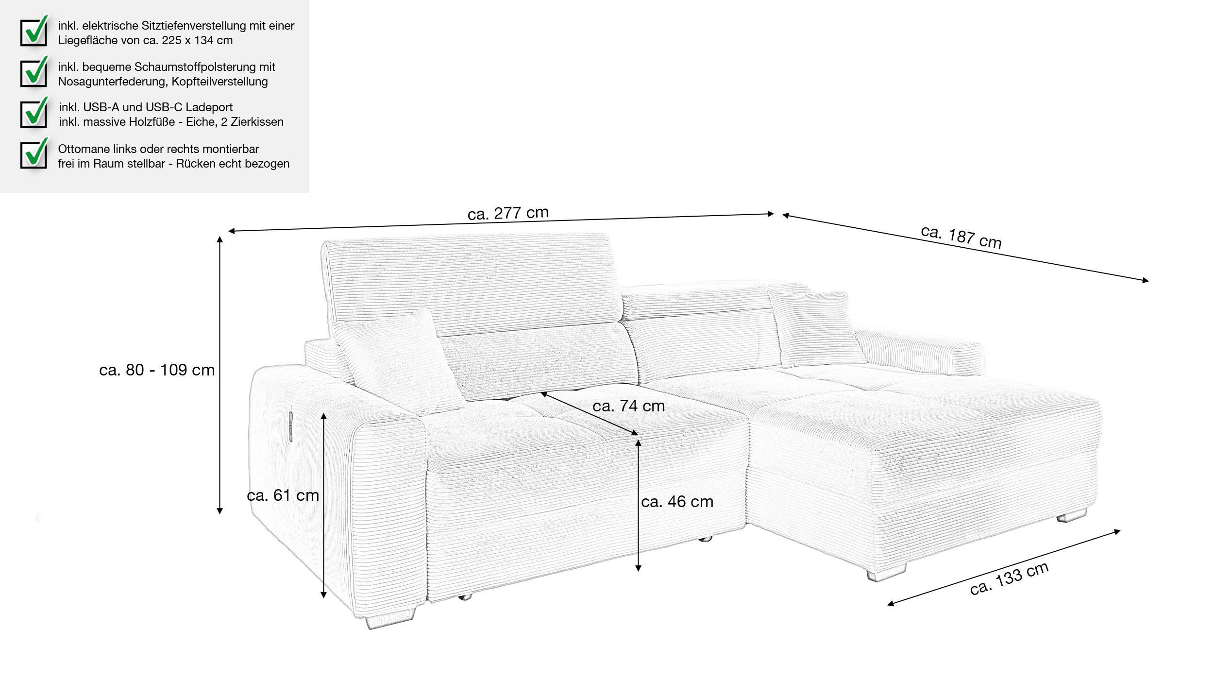 Ecksofa Cord elektrisch ausfahrbar grün 277 cm - SLIDER