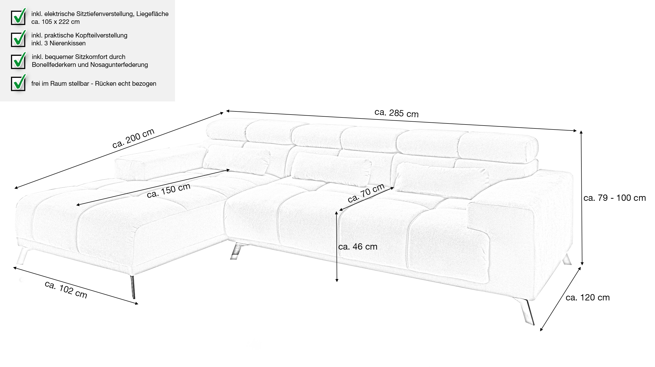 Ecksofa grau ausziehbar - Sitztiefenverstellung 285 cm - OT links - SPEED