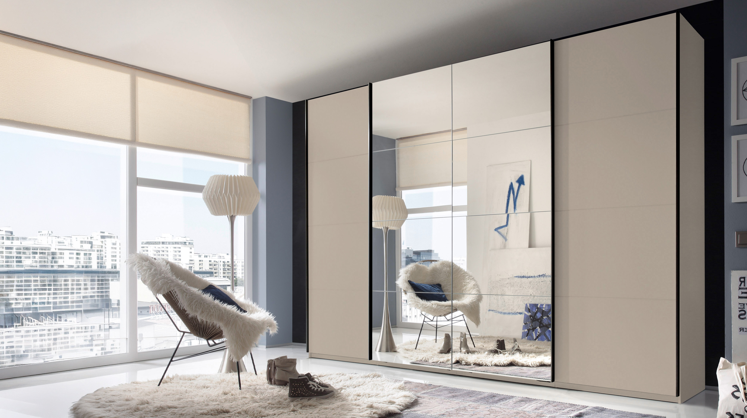 Schwebetürenschrank mit Spiegel - Beige-Kaschmir - 315 cm - SYNCHRO