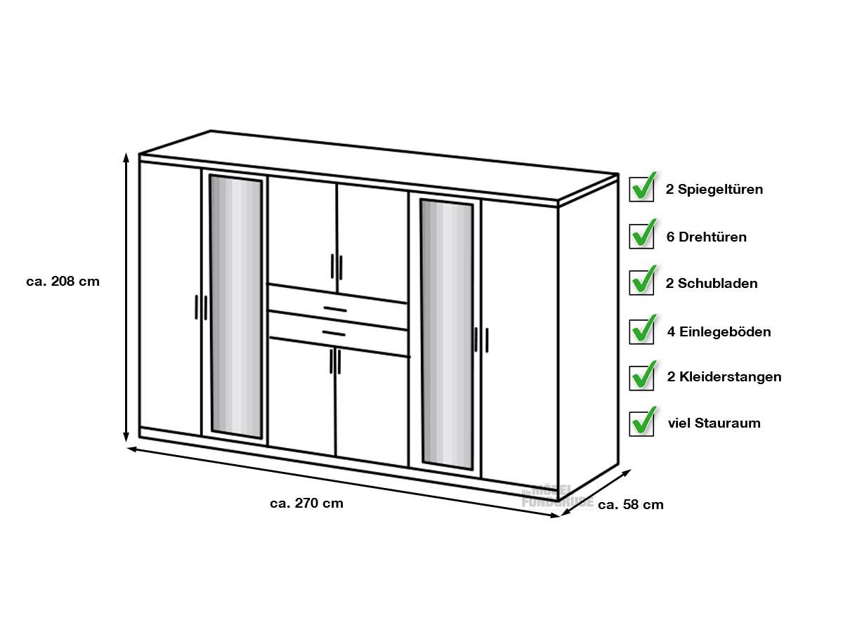 Kleiderschrank mit Spiegel - Sägerau Eiche - graphit - 270 cm - DIVER