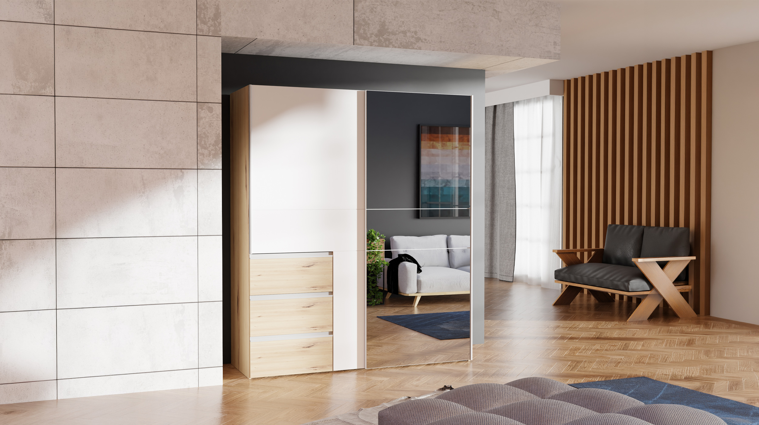 Schwebetürenschrank weiß Artisan Eiche mit Spiegel 170 cm 2-türig - WINN