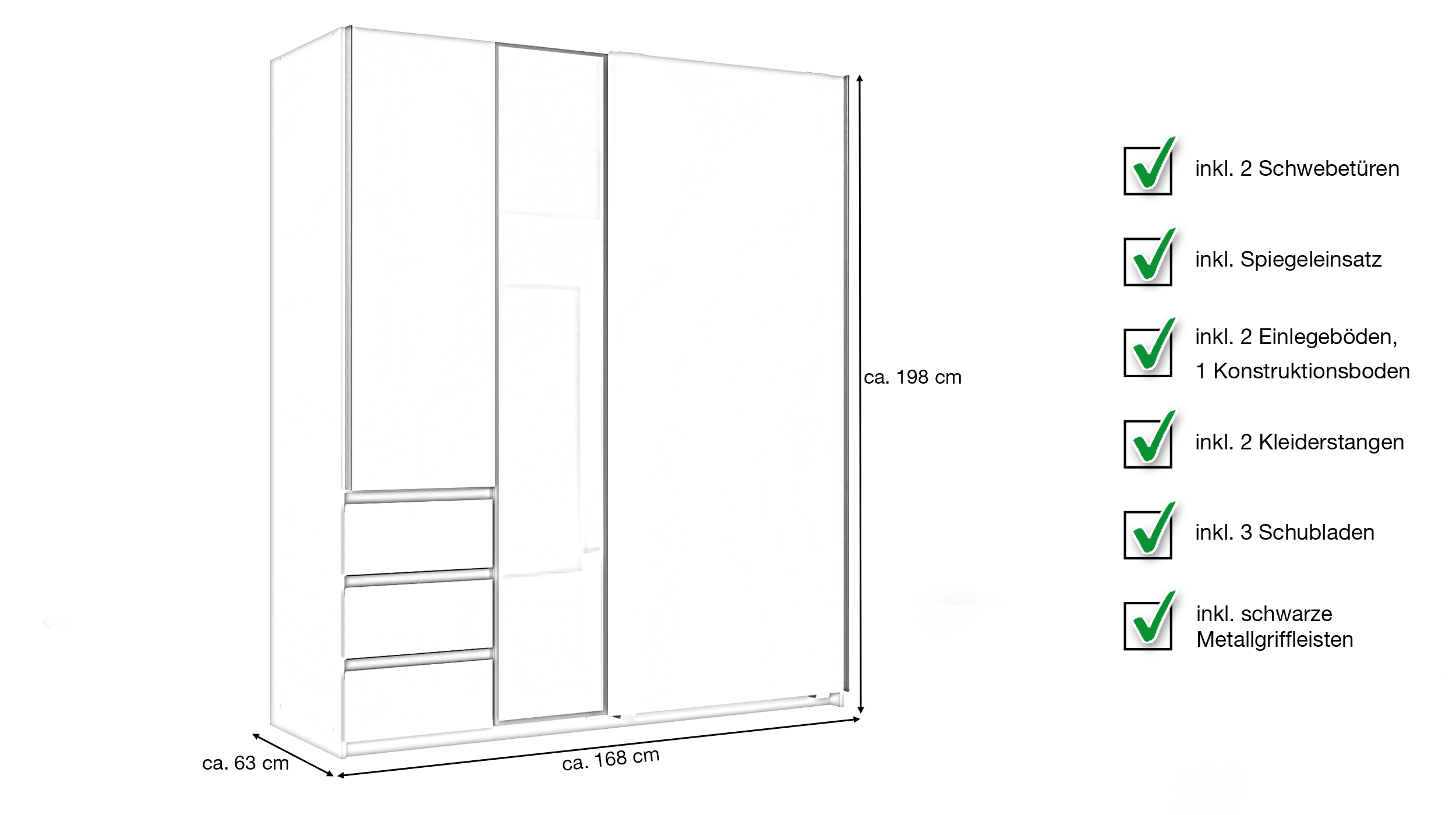 Schwebetürenschrank grau mit Spiegel 168 cm 2-türig - STADE