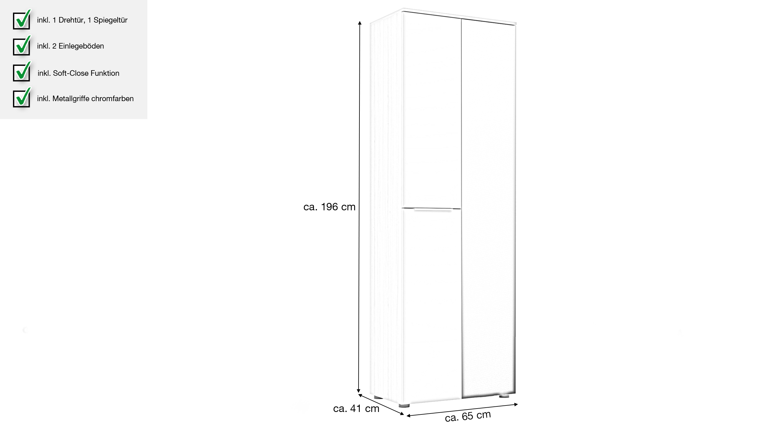 Garderobenschrank Spiegel beige Glasfront Eiche 65 cm - SANTORIN