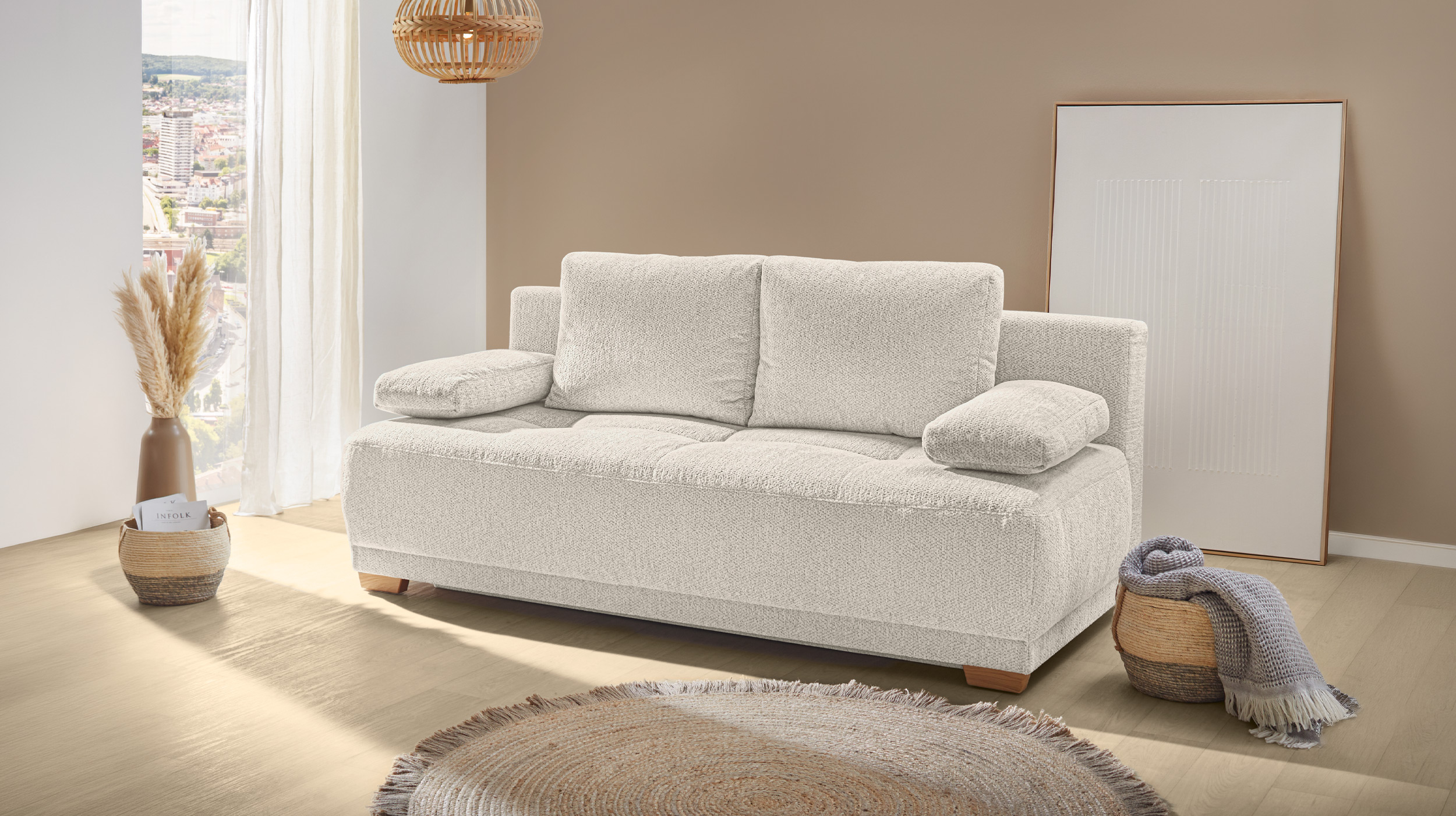 Schlafsofa beige ausziehbar mit Bettkasten 205 x 105 cm - DAVE