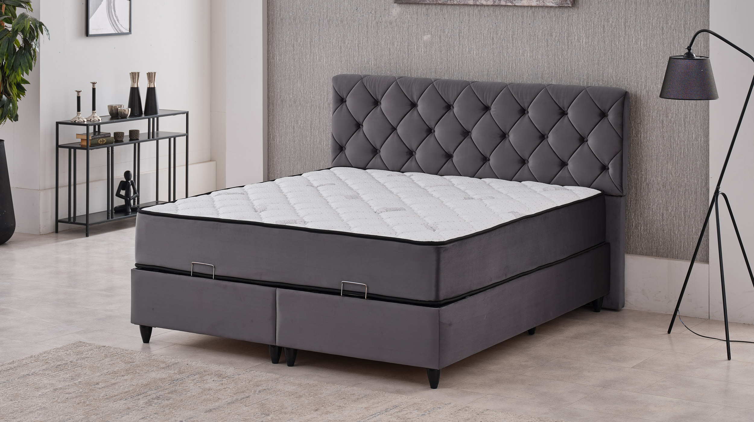 Boxbett 180 x 200 cm - grau - blau - Bettkasten - Stoffbezug - CROSS