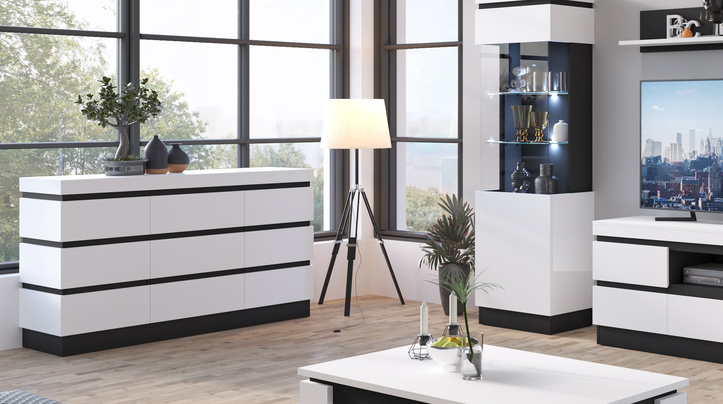 Sideboard alpinweiß - anthrazit 161 cm - CAMPANIA