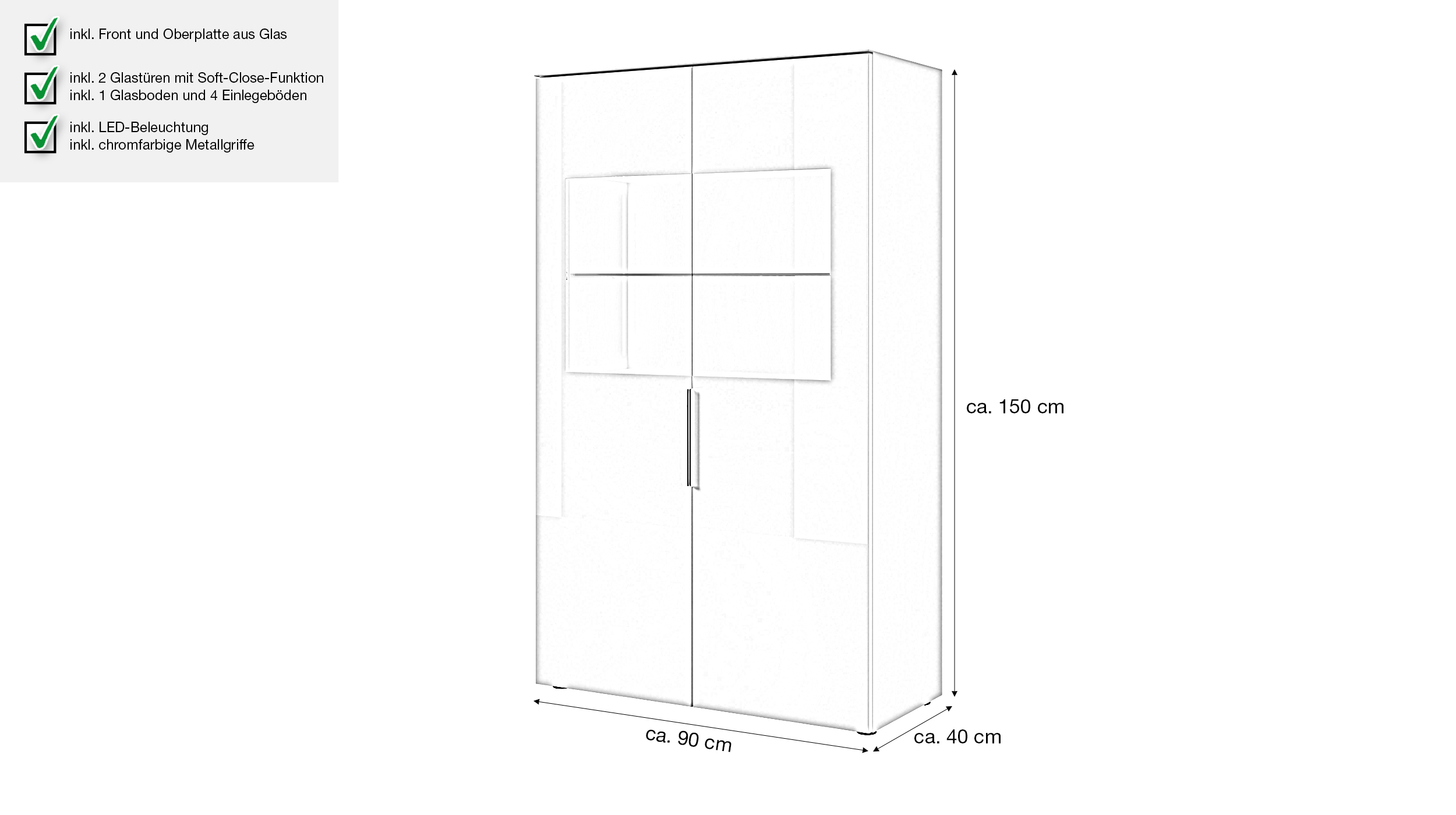 Vitrine mit Beleuchtung kaschmir-beige Glasfront - 90 cm - SANTORIN