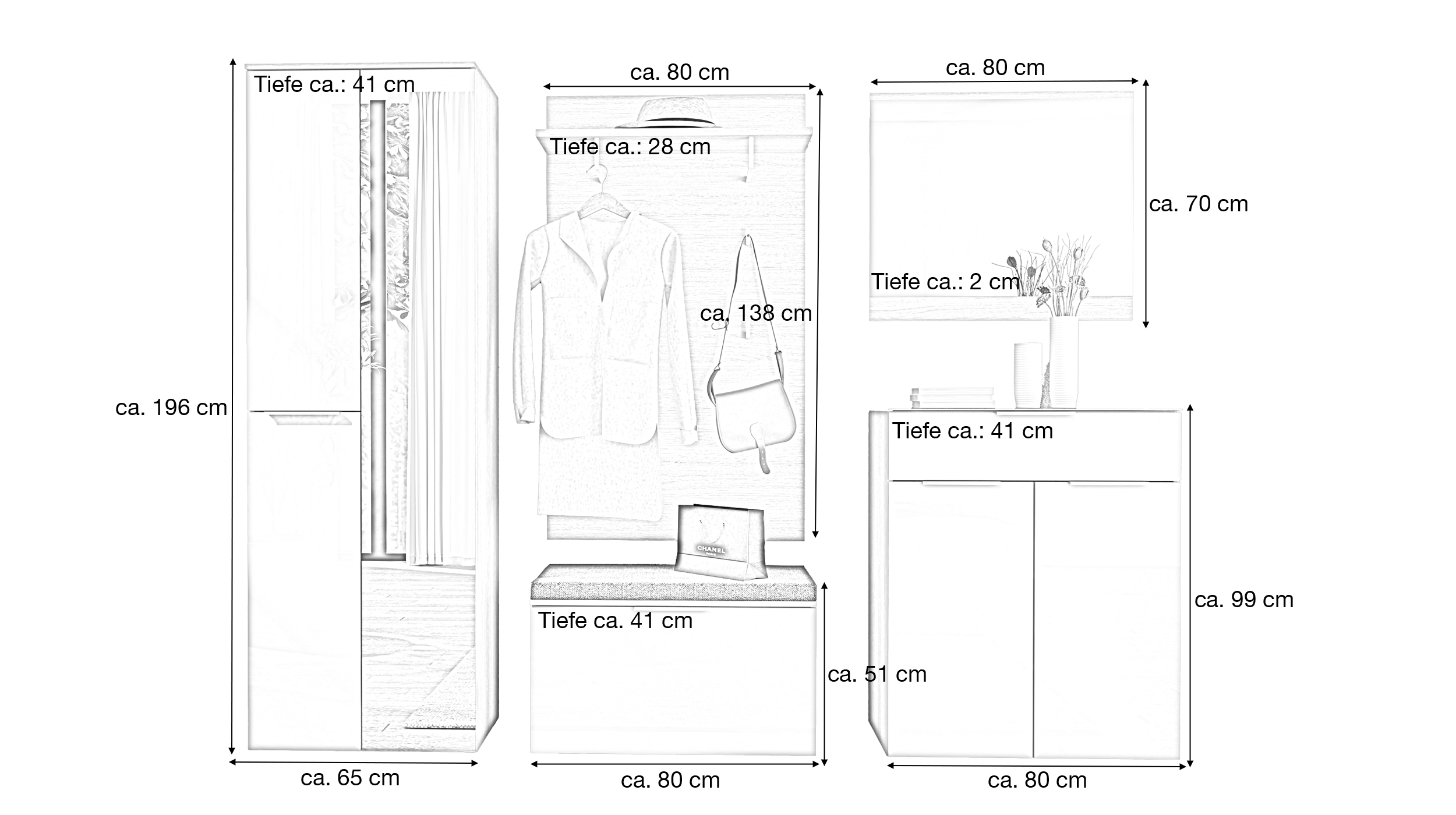 Garderoben-Set weiß Glasfront 255 x 196 cm - SANTORIN