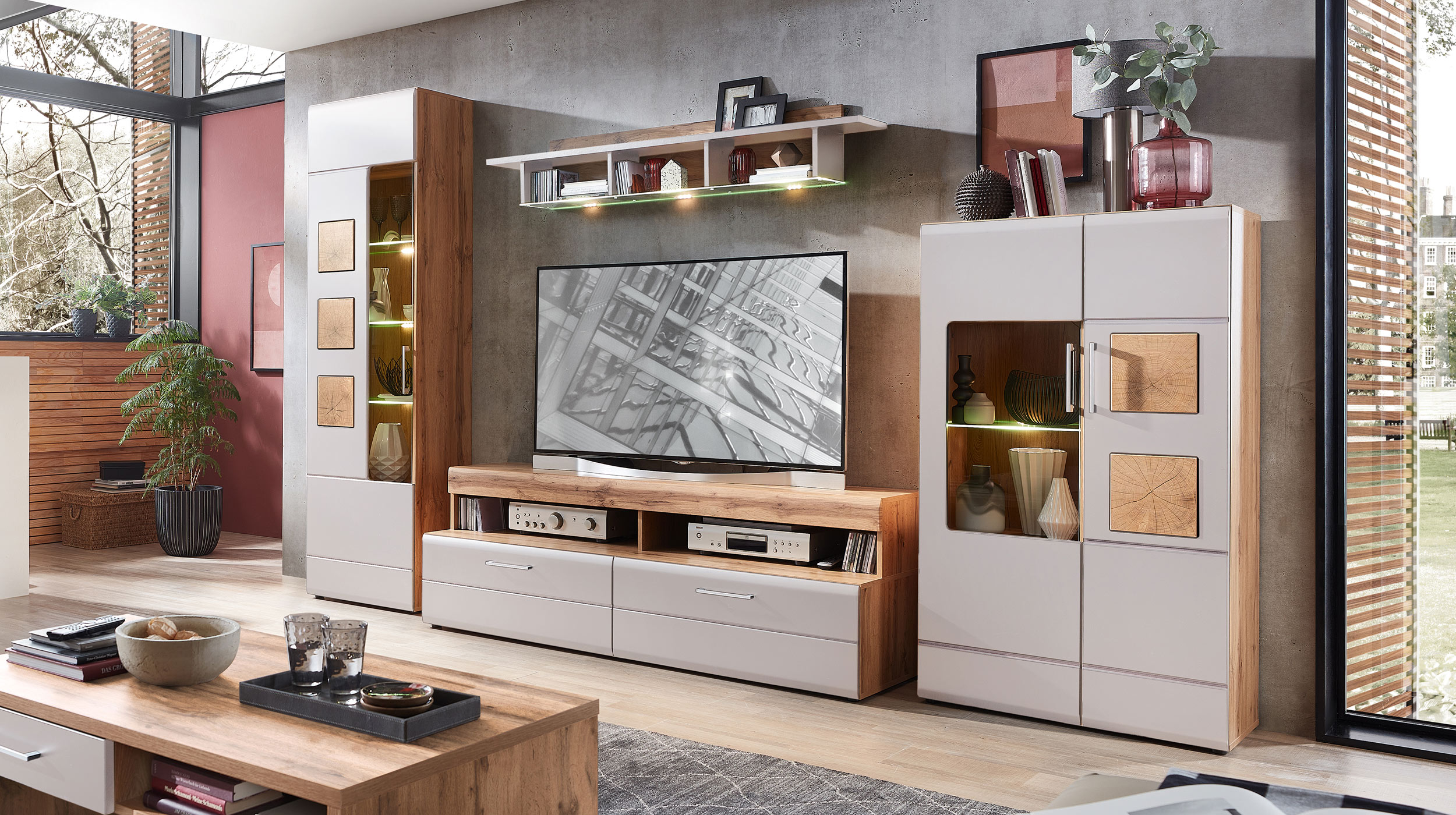 Wohnwand beige Eiche 340 cm - LED-Beleuchtung - SINFONIE