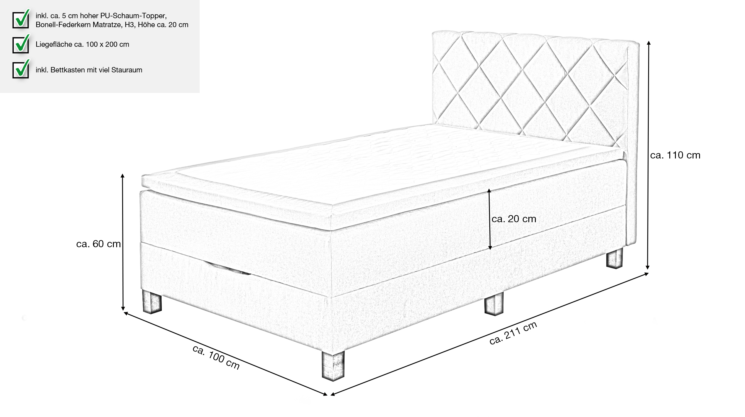 Boxbett 100 x 200 cm grau mit Bettkasten - JEFF