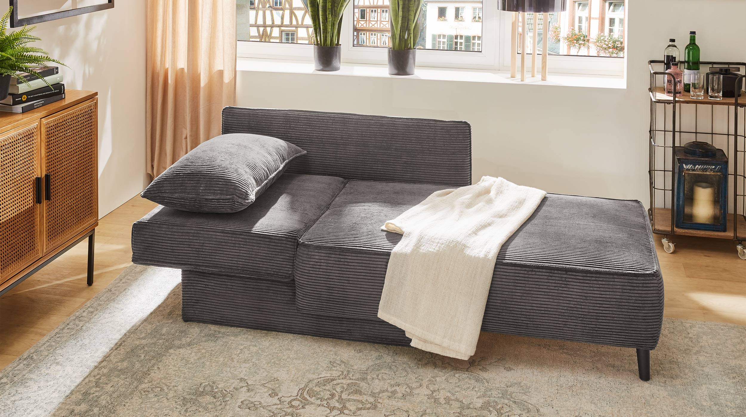 Einzelsofa Cord 155 cm Recamiere mit Schlaffunktion grau - REX