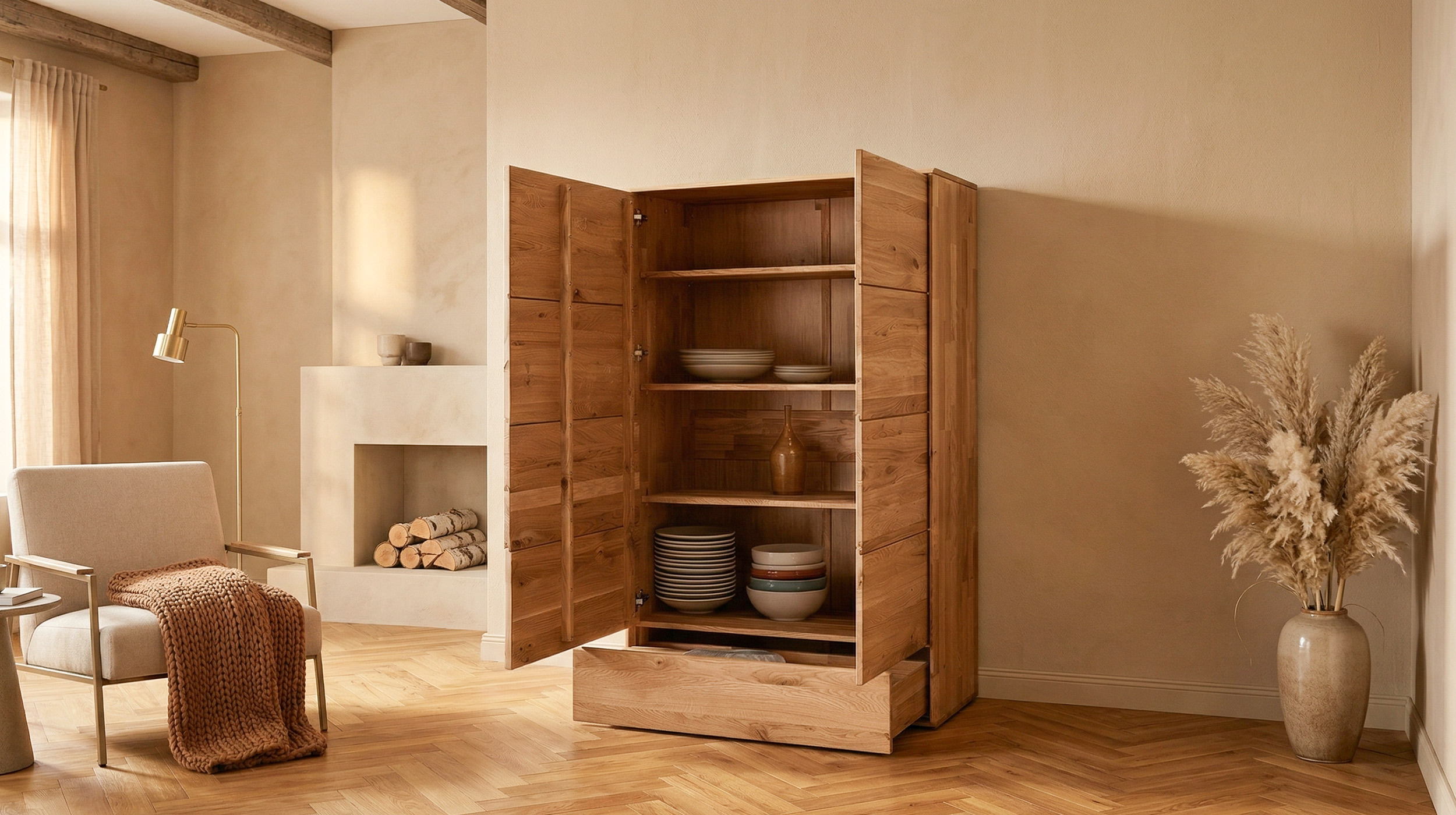 Highboard mit Schublade Wildeiche massiv geölt 100 cm - SKOV
