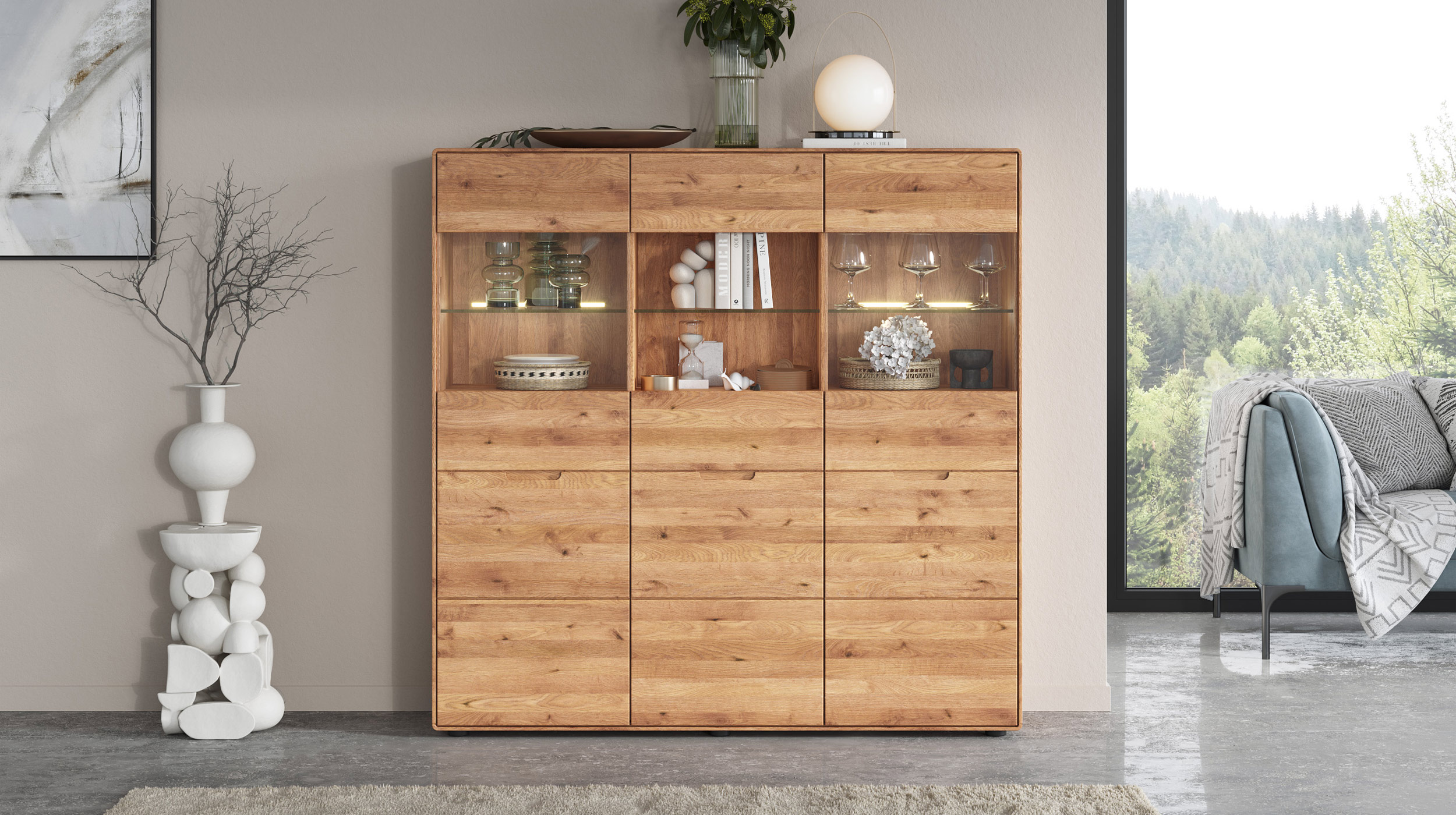 Highboard mit Glastüren Wildeiche massiv 149 cm - LUCAS