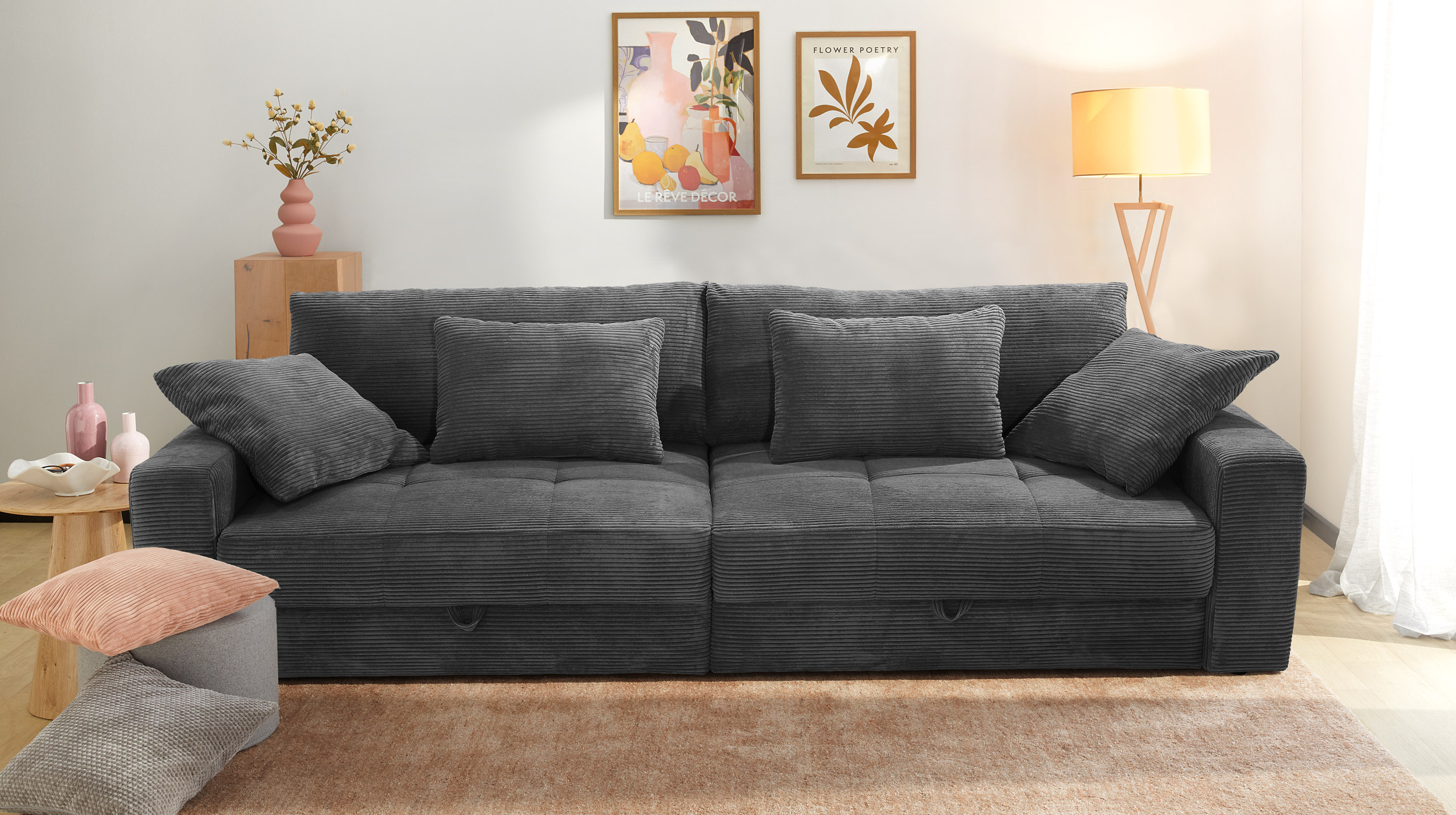 Big Sofa mit Bettkasten Cord grau 284 cm - BELSANO
