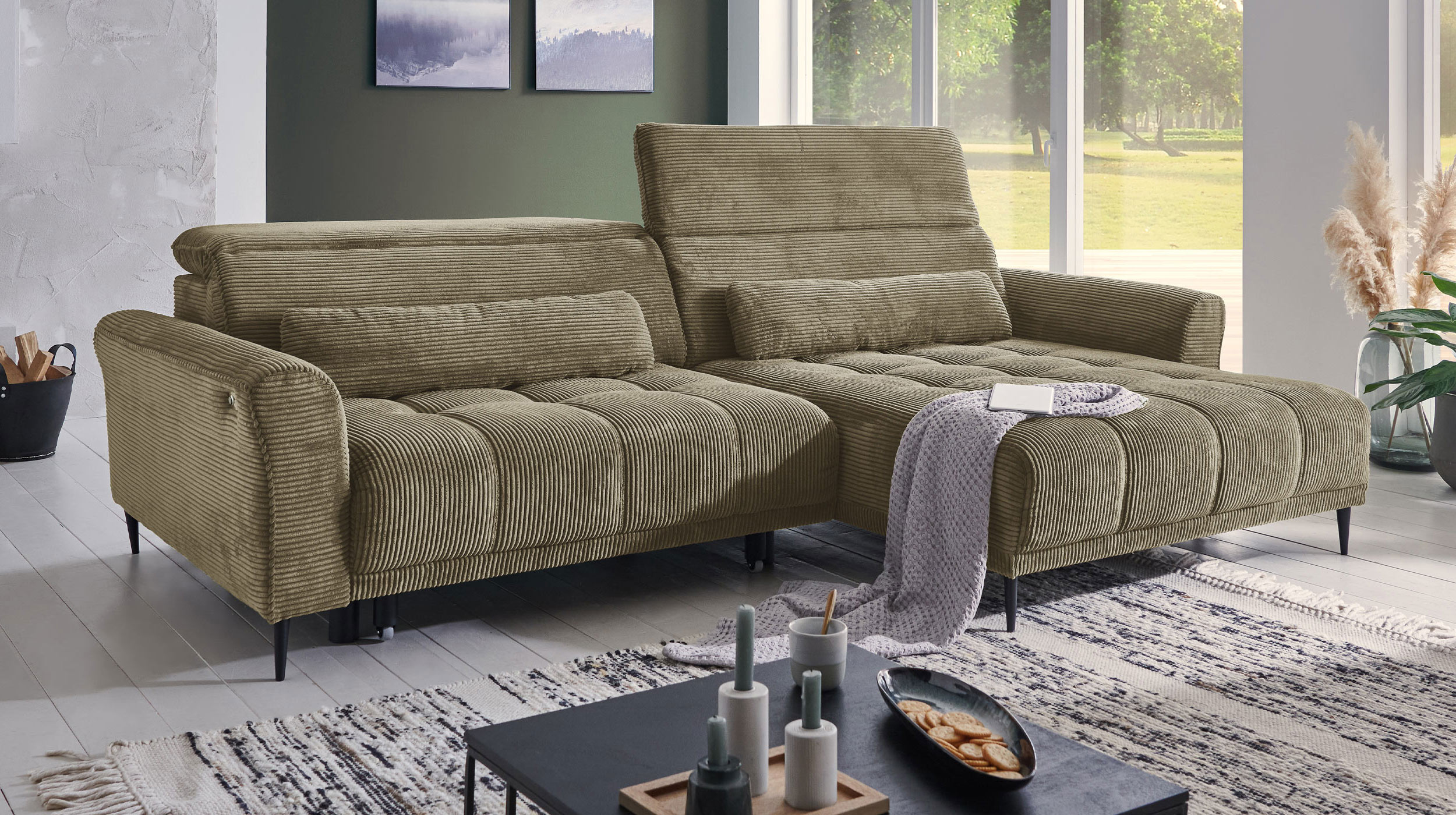 Ecksofa Cord grün ausziehbar - Sitztiefenverstellung - 277 cm - OT rechts - LOGAN