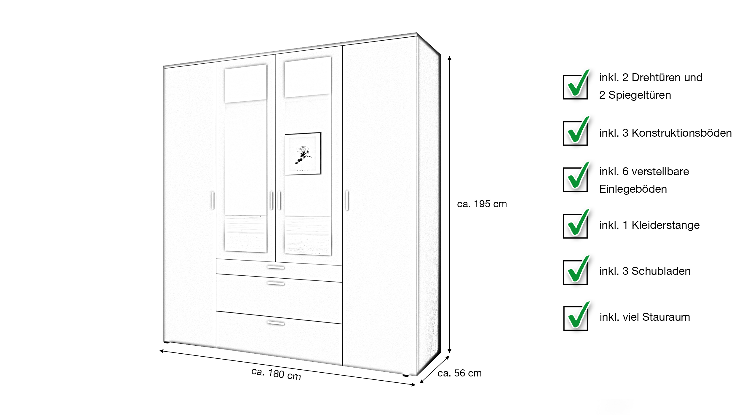 Kleiderschrank weiß mit Spiegel - 180 cm - 4-türig - VESALA