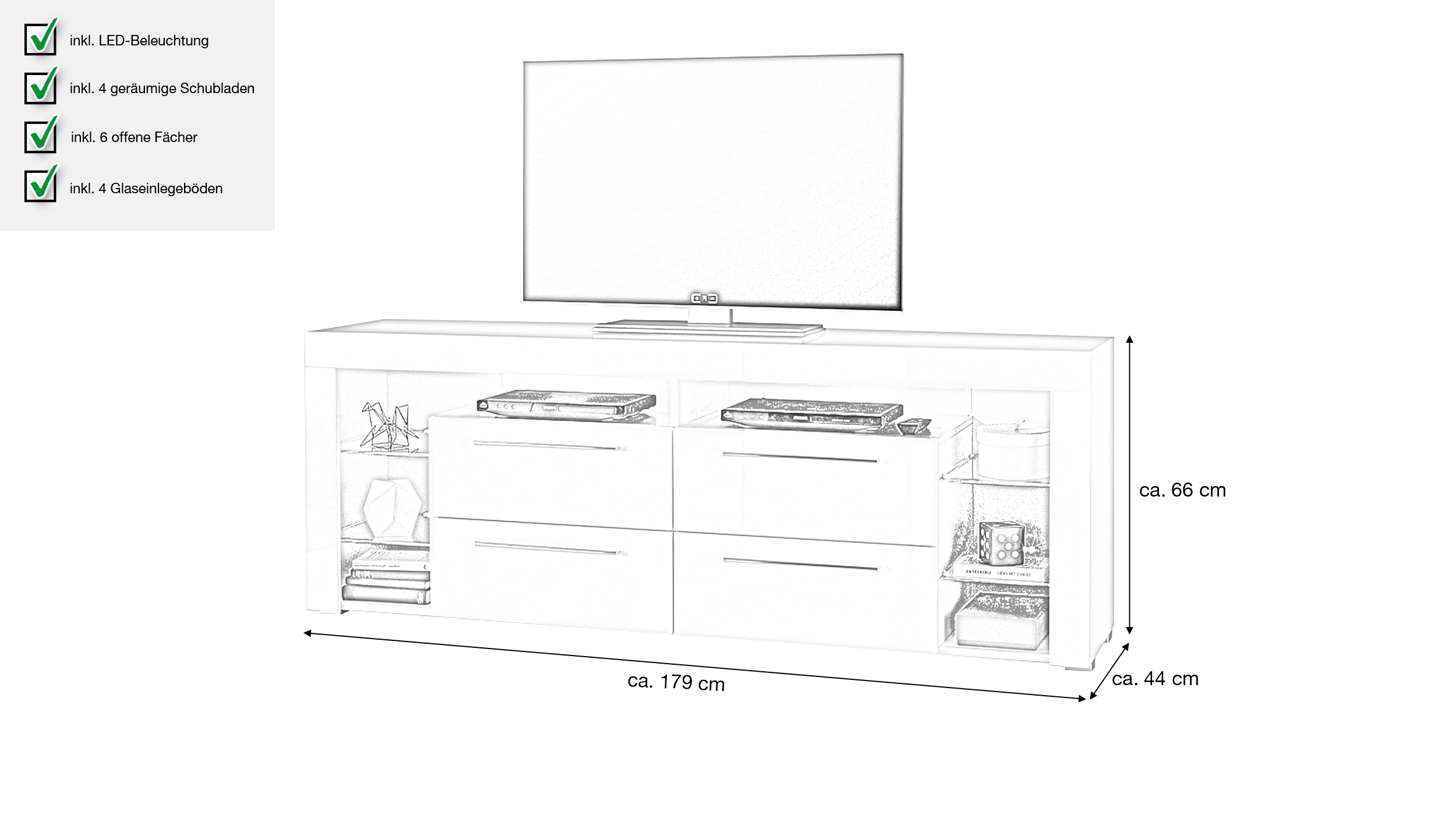 TV - Lowboard weiß hochglanz 179 cm mit Beleuchtung - GOAL