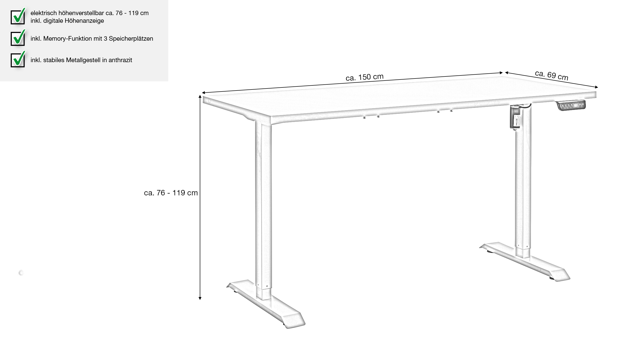 Computerschreibtisch höhenverstellbar Artisan Eiche 150 cm - ENERGIA