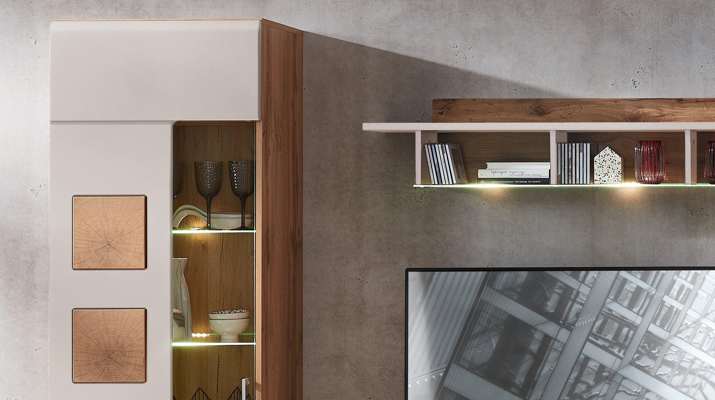 Wohnwand beige Eiche 340 cm - LED-Beleuchtung - SINFONIE