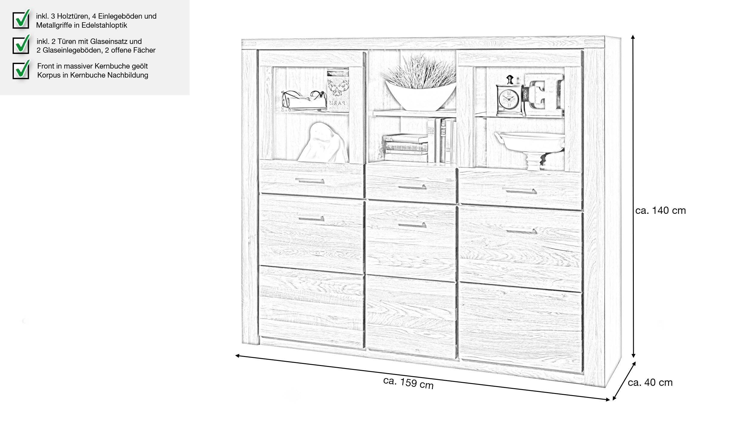 Highboard Kernbuche teilmassiv geölt 159 cm - FREYJA
