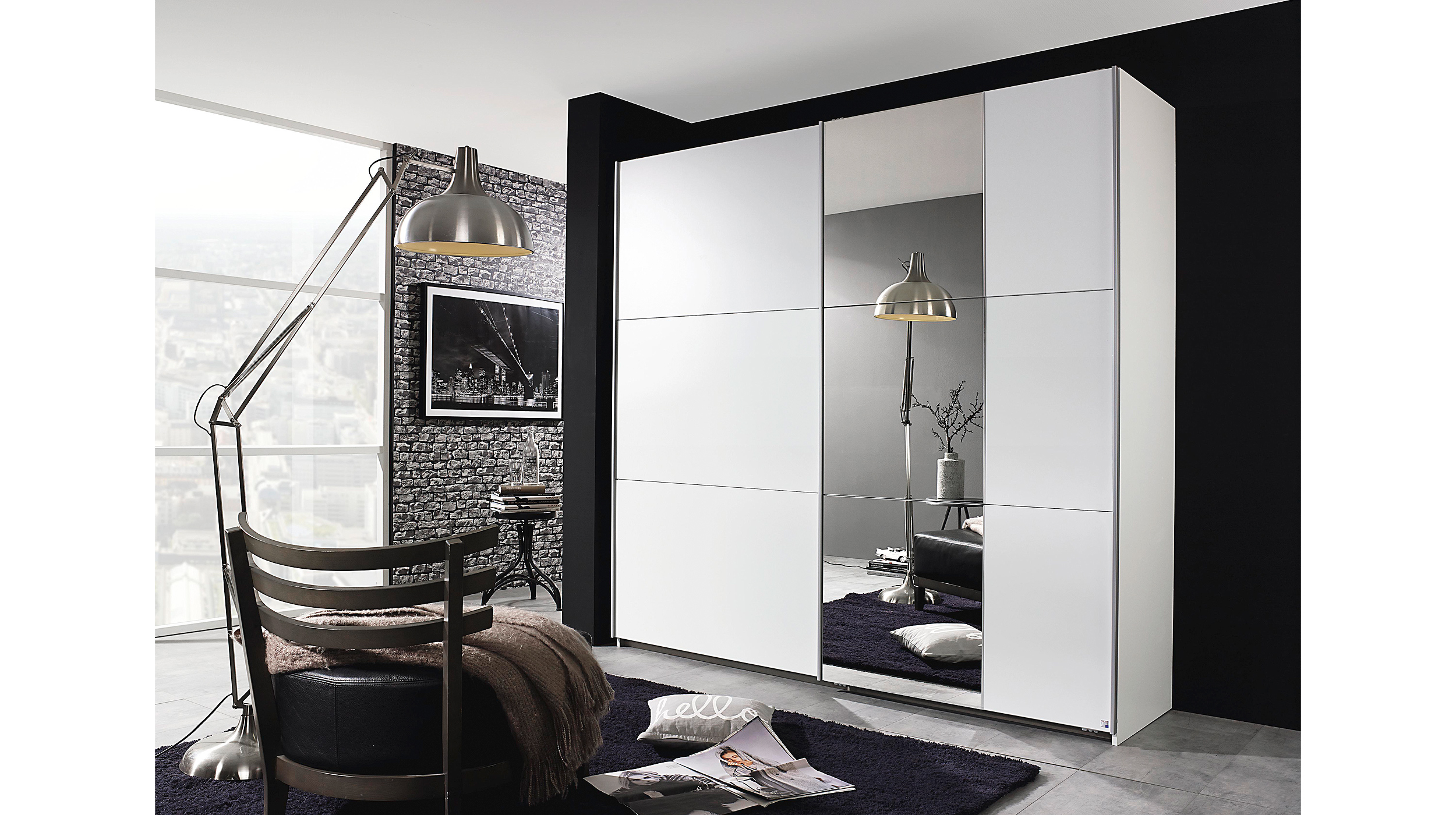 Schwebetürenschrank weiß Spiegel 218 cm - rauch - KRONACH