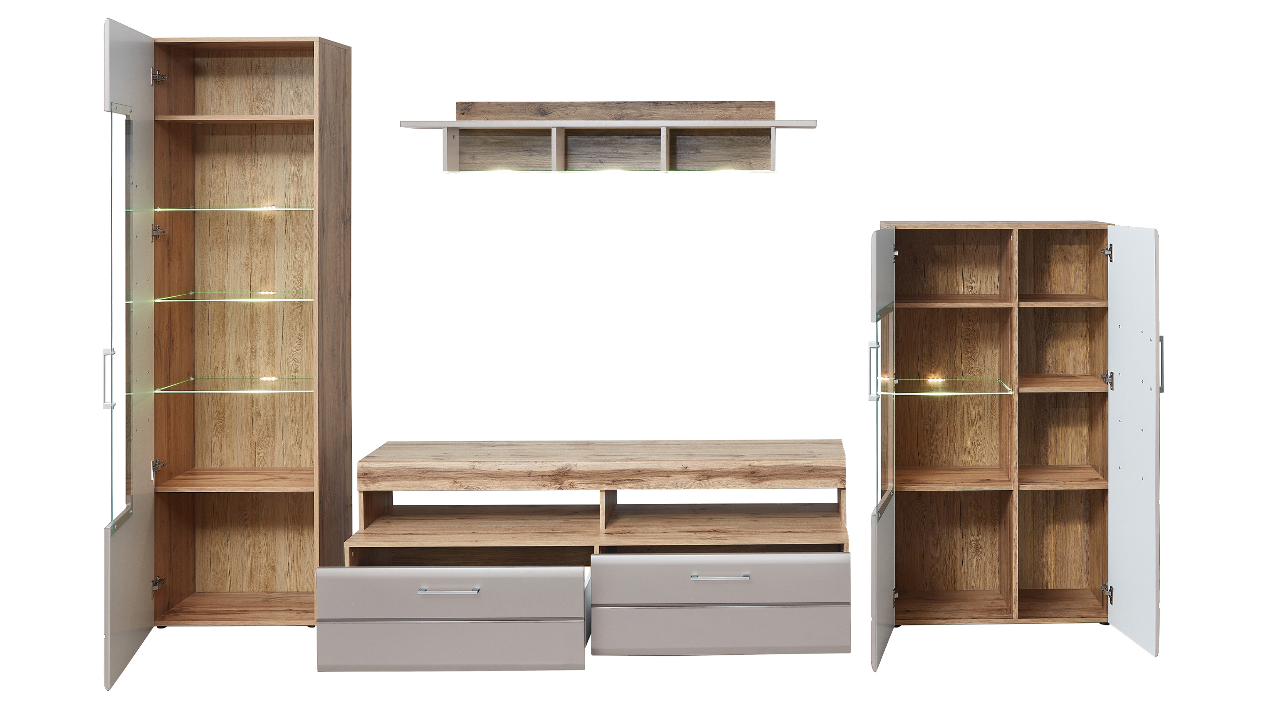 Wohnwand beige Eiche 340 cm - LED-Beleuchtung - SINFONIE
