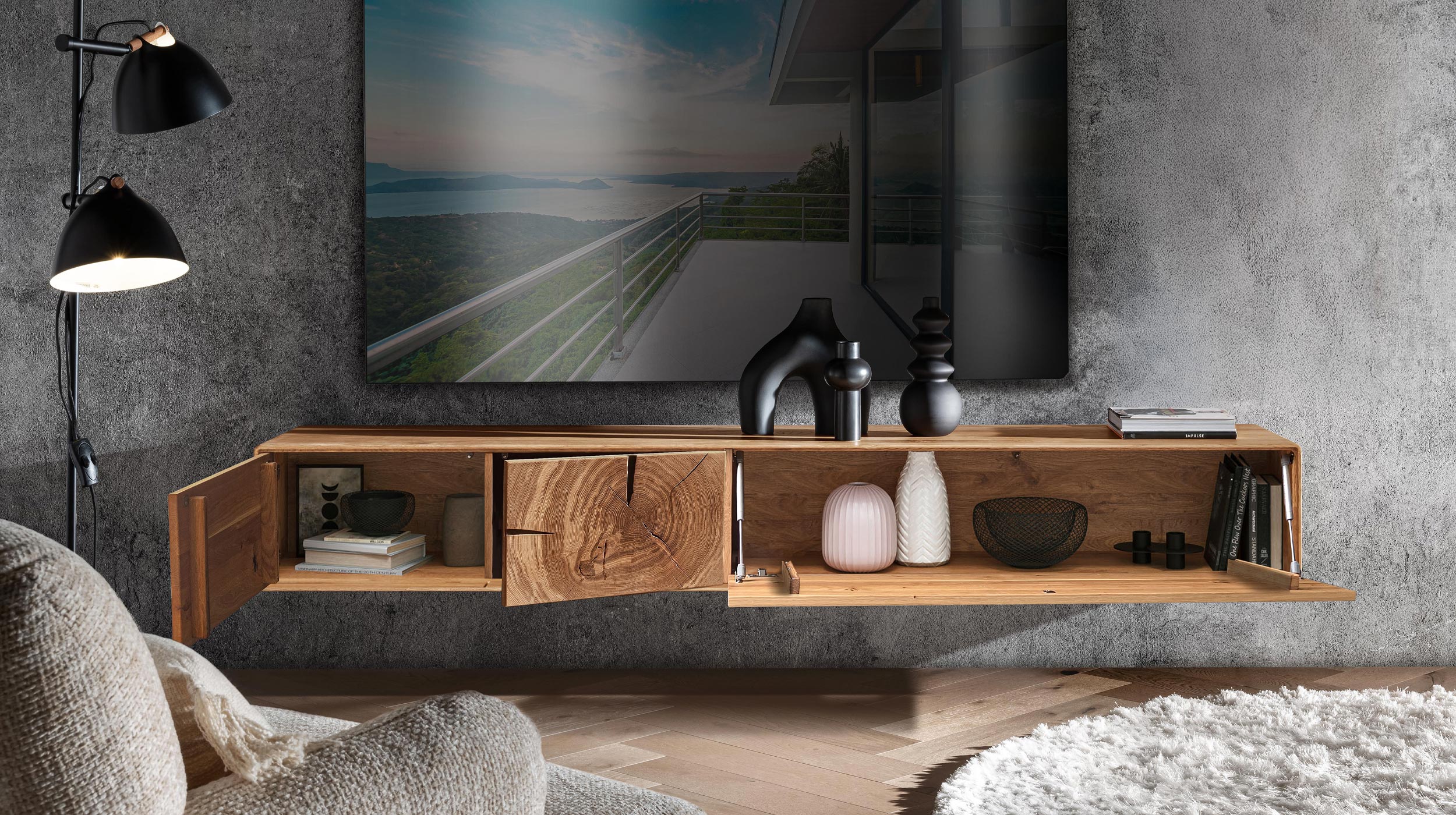 TV - Lowboard Wildeiche massiv geölt - montiert - 220 cm - TORVEN