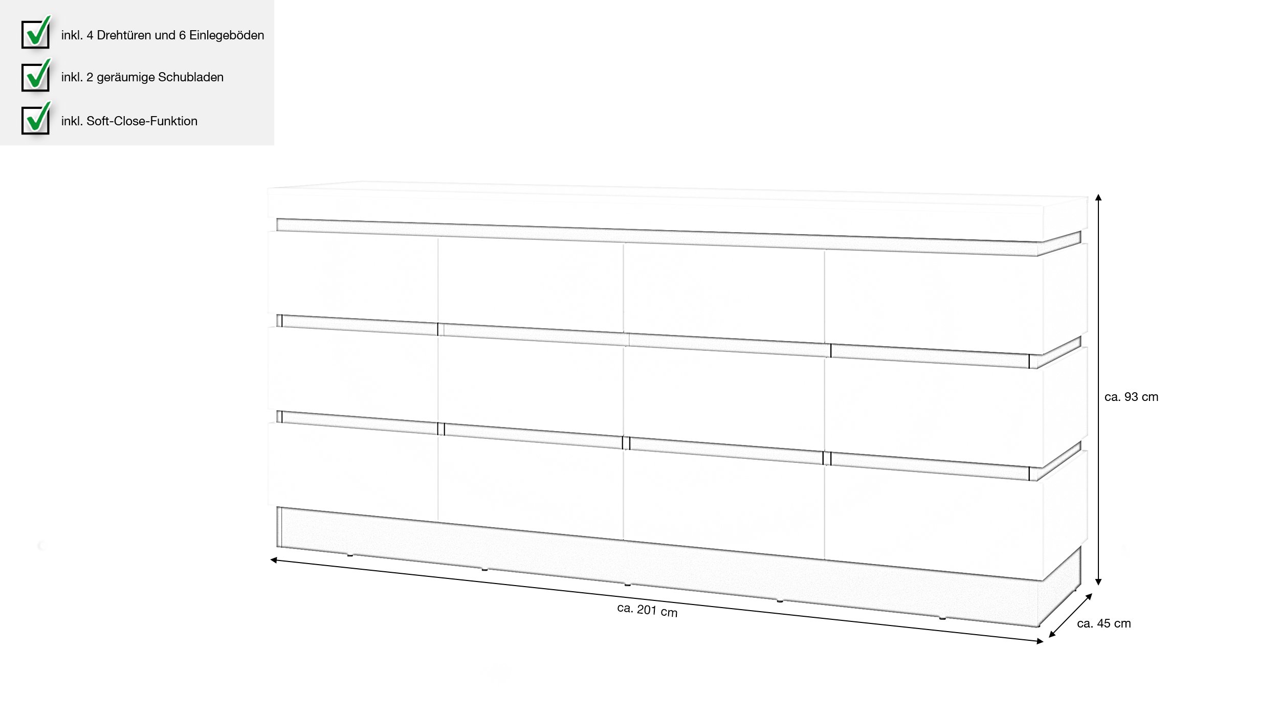 Sideboard alpinweiß - anthrazit 201 cm - CAMPANIA