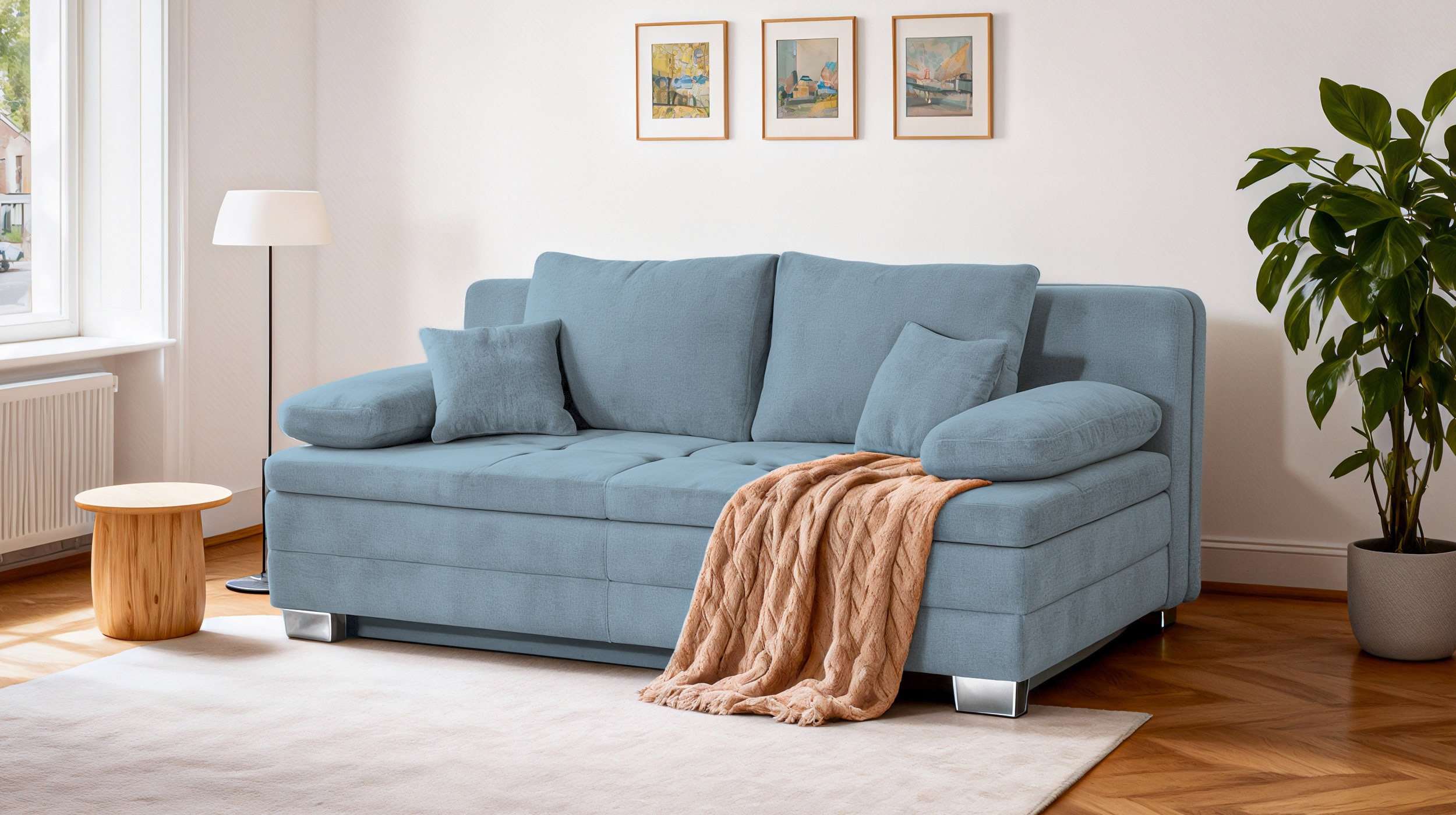 Schlafsofa Bettkasten Dauerschläfer hellblau Federkern - LINDAU